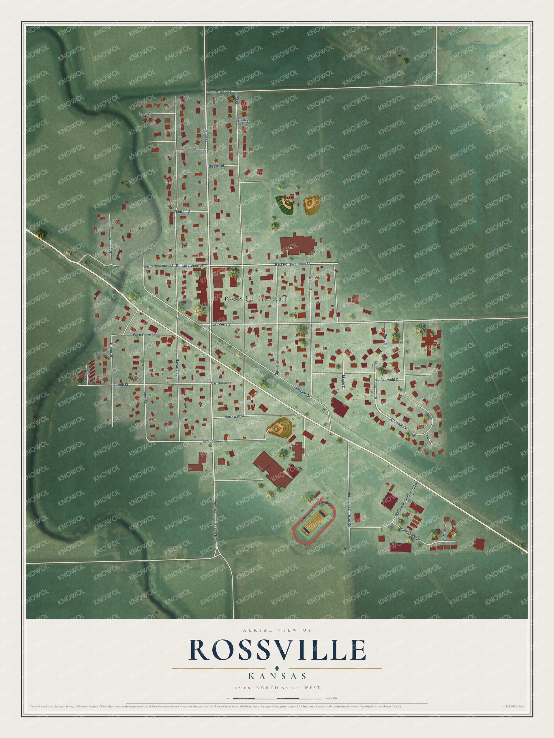 Full map of Rossville, Kansas, with red buildings, printed street names and the land around them
