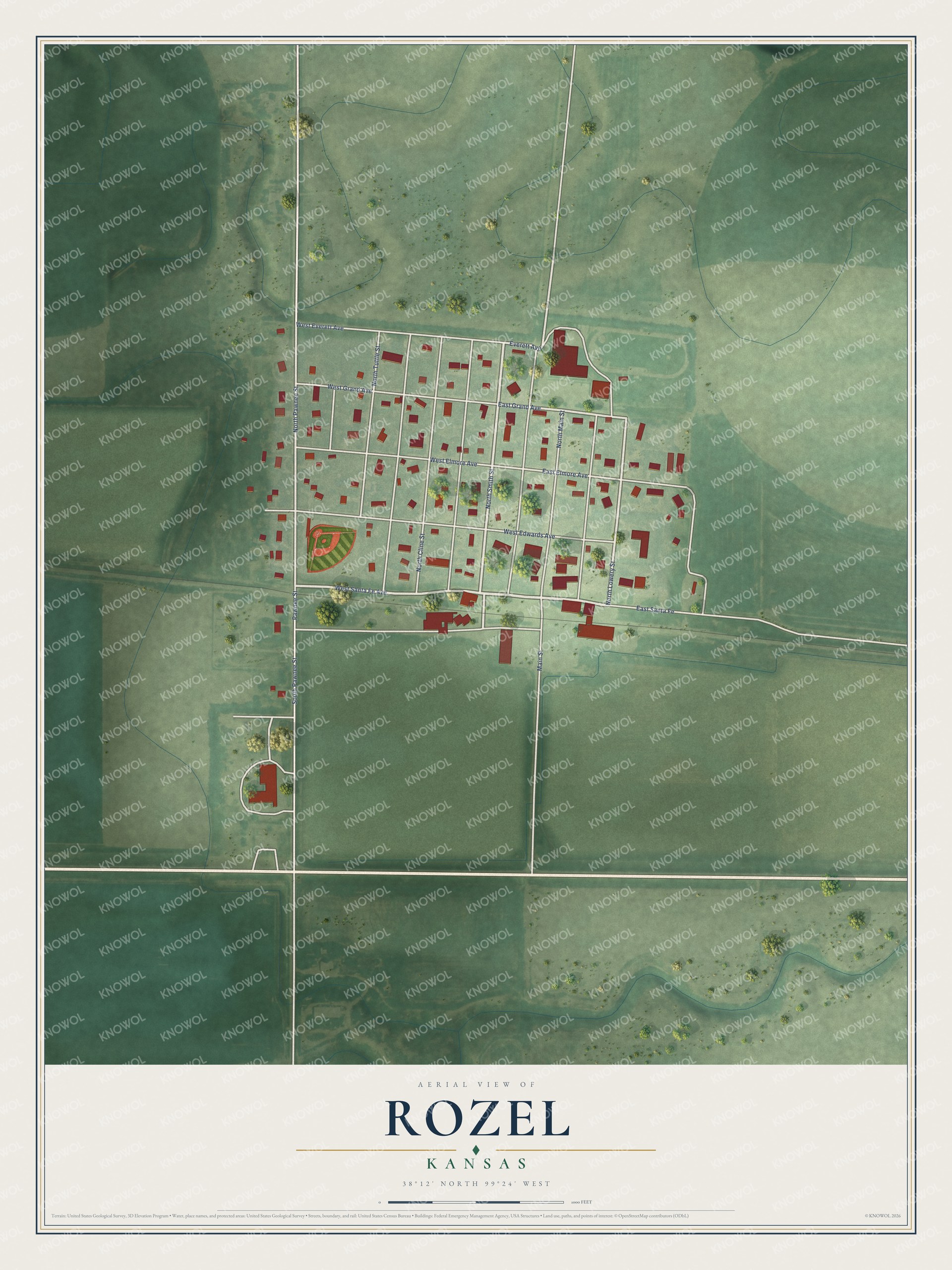 Full map of Rozel, Kansas, with red buildings, printed street names and the land around them