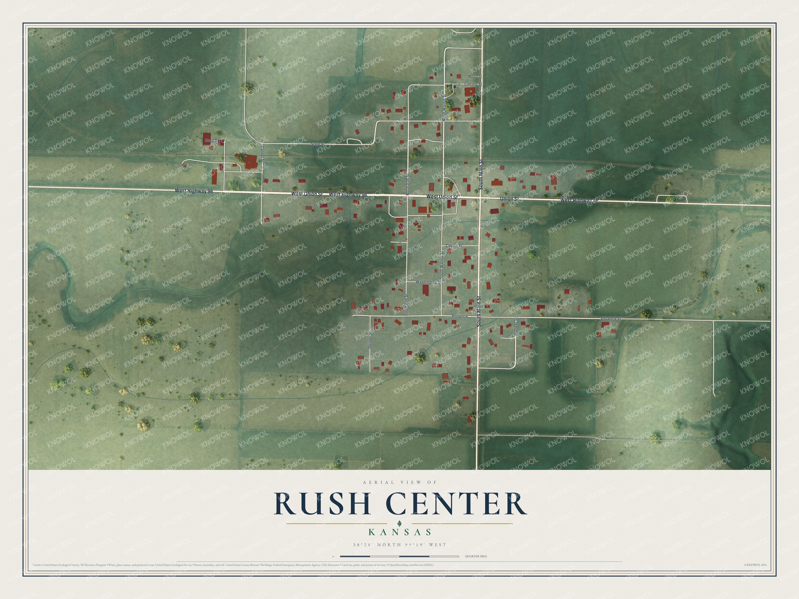 Full map of Rush Center, Kansas, with red buildings, printed street names and the land around them