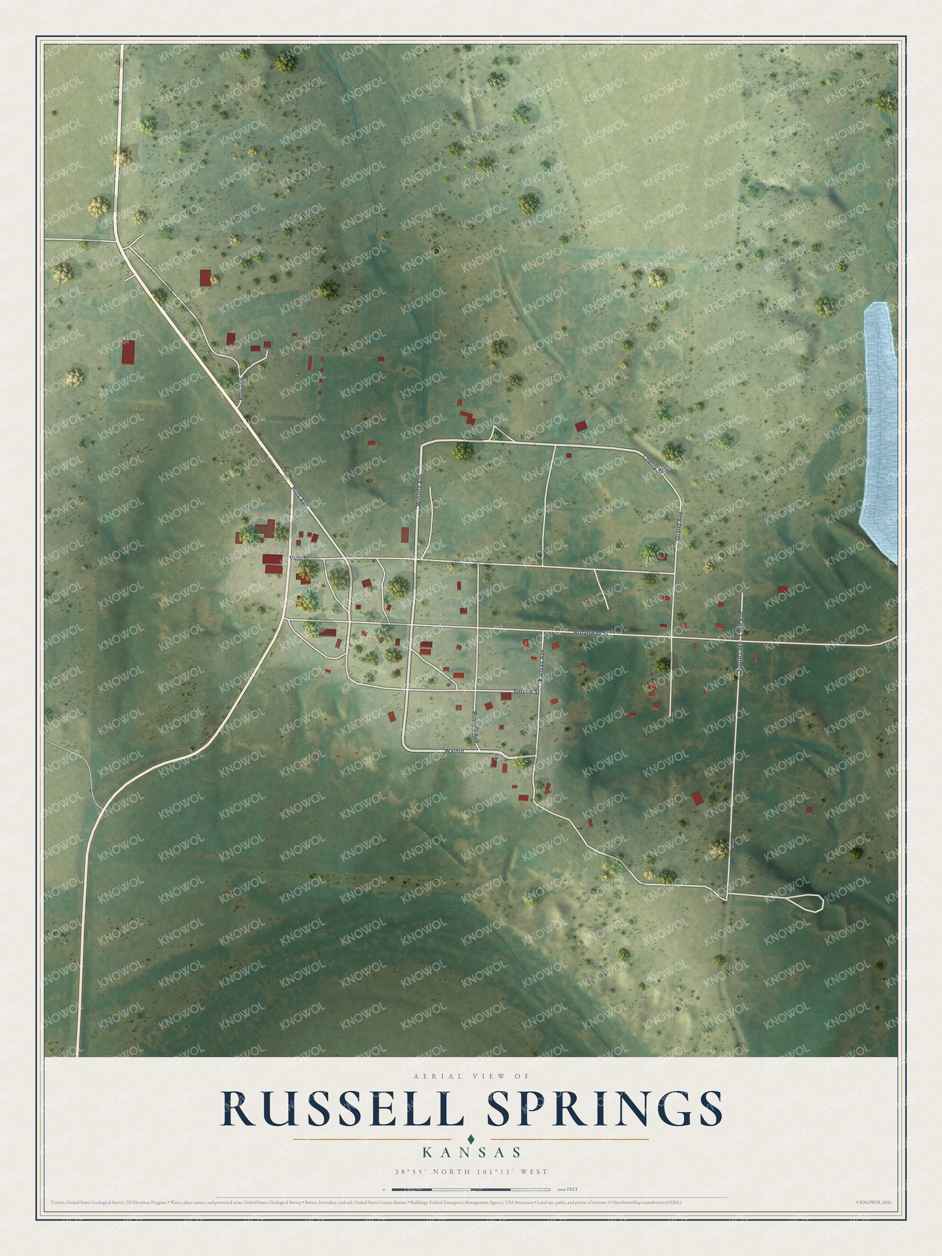 Full map of Russell Springs, Kansas, with red buildings, printed street names and the land around them