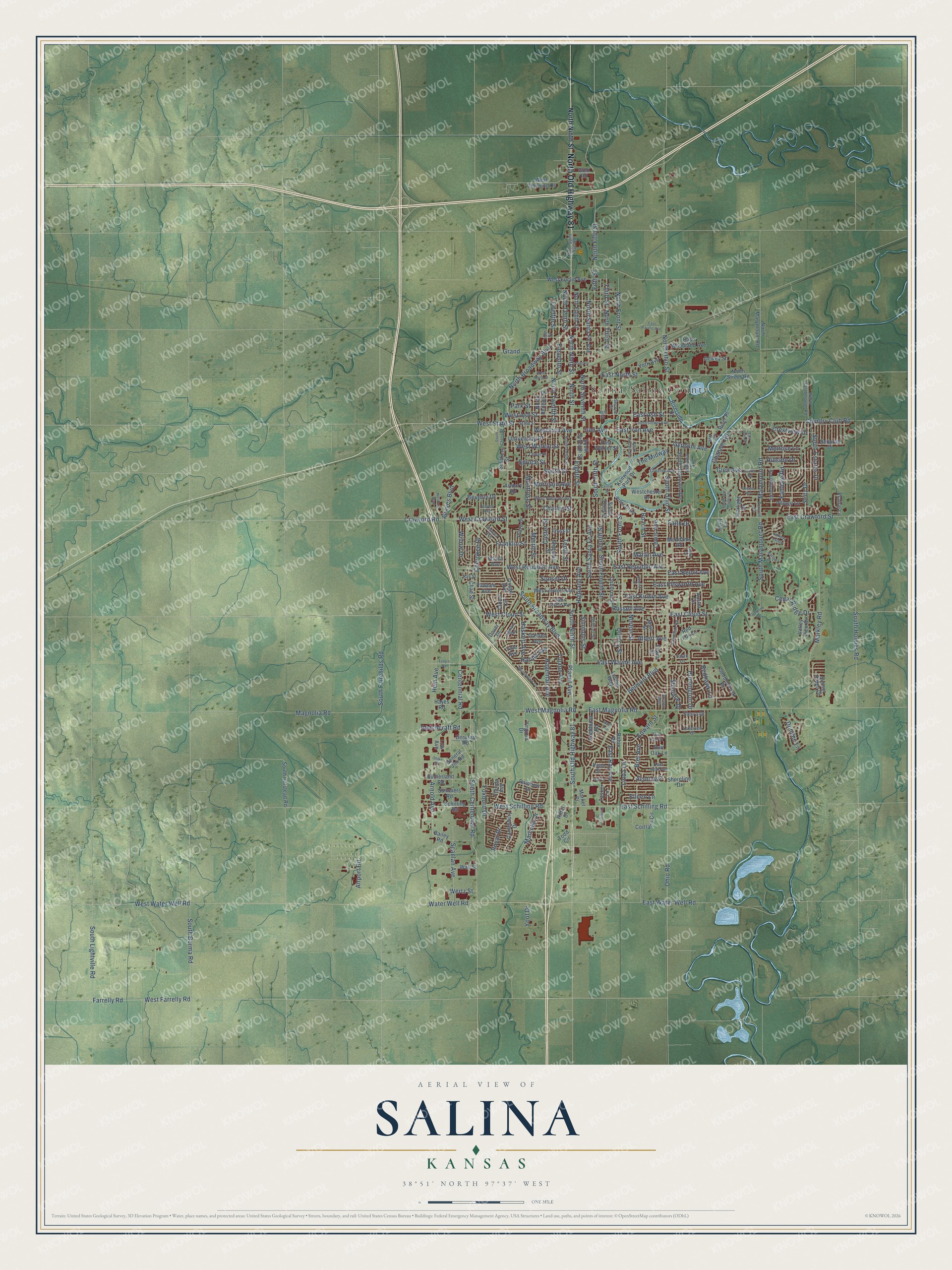 Full map of Salina, Kansas, with red buildings, printed street names and the land around them