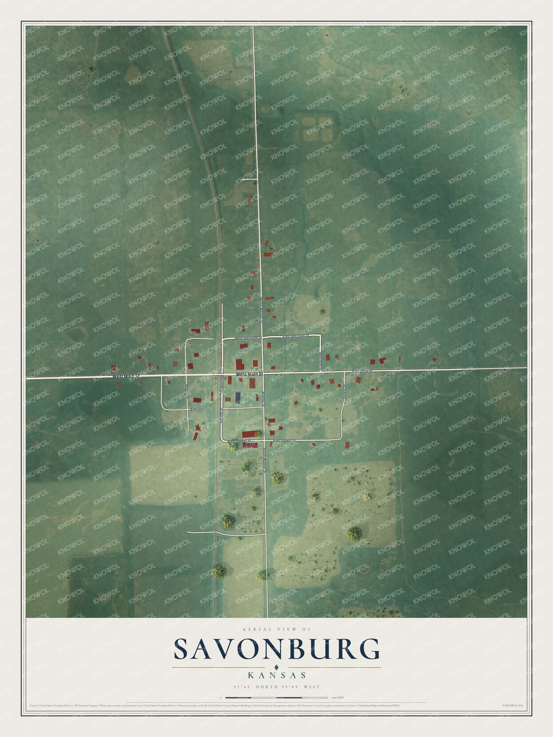 Full map of Savonburg, Kansas, with red buildings, printed street names and the land around them