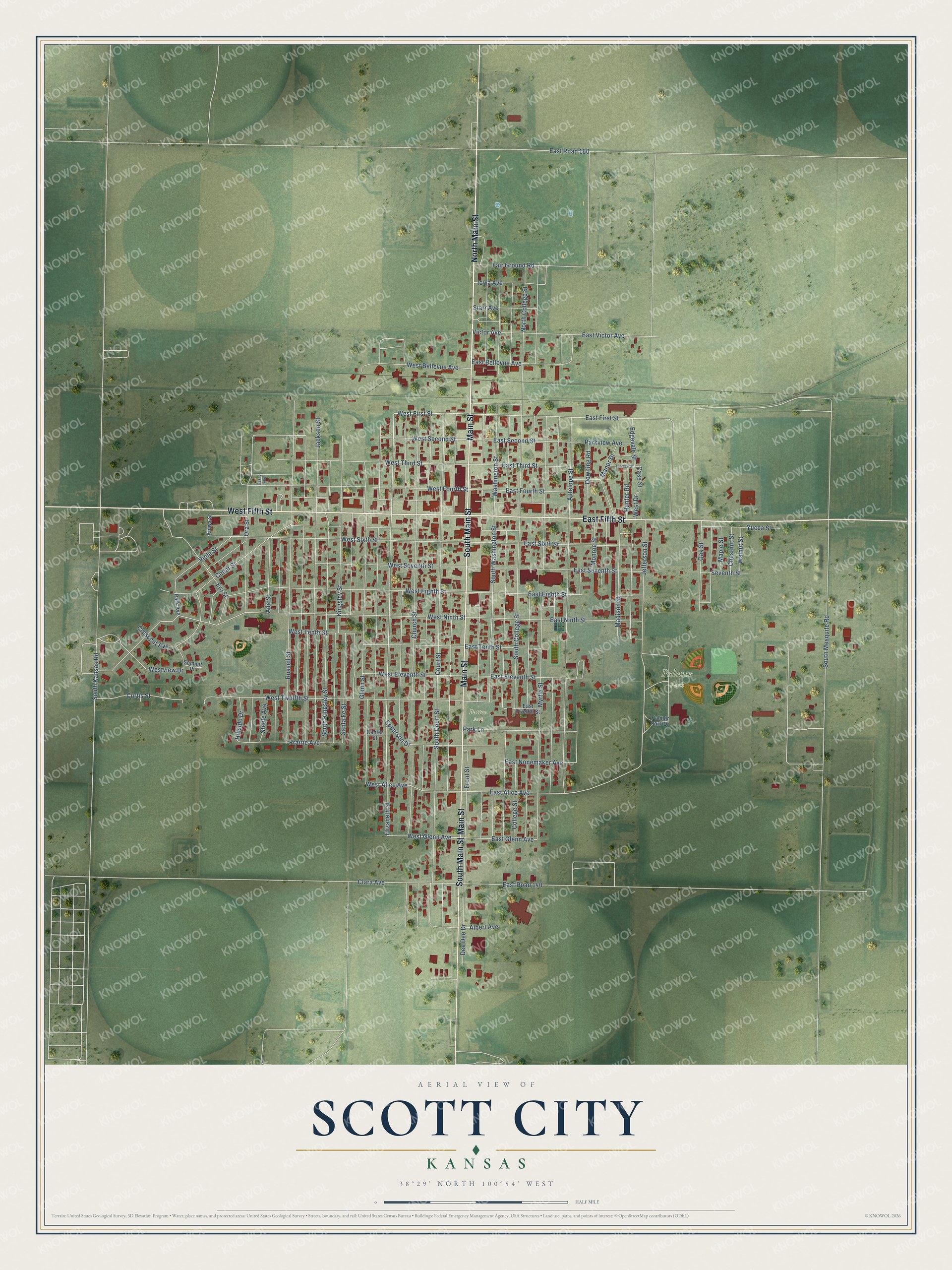Full map of Scott City, Kansas, with red buildings, printed street names and the land around them