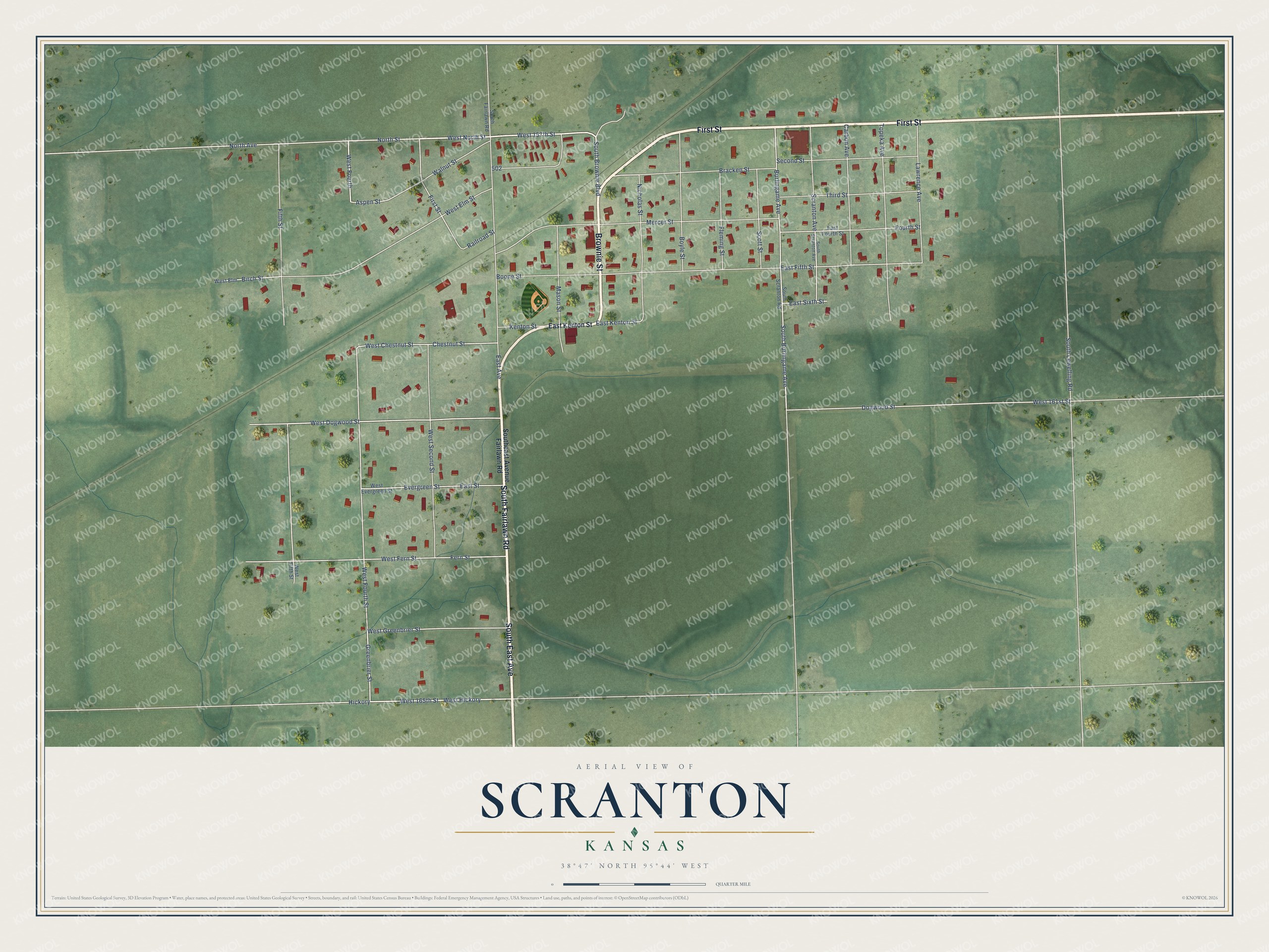 Full map of Scranton, Kansas, with red buildings, printed street names and the land around them