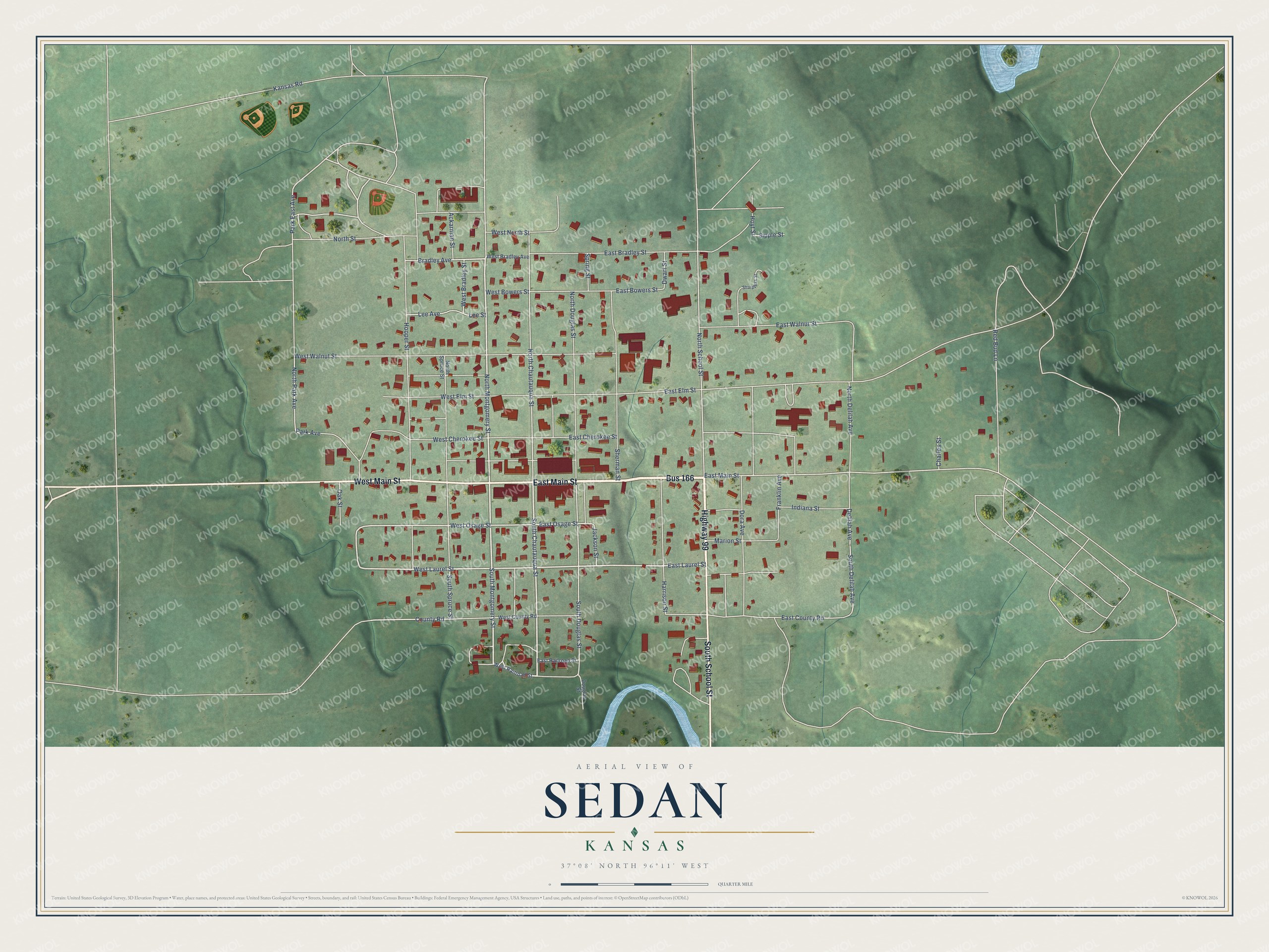 Full map of Sedan, Kansas, with red buildings, printed street names and the land around them