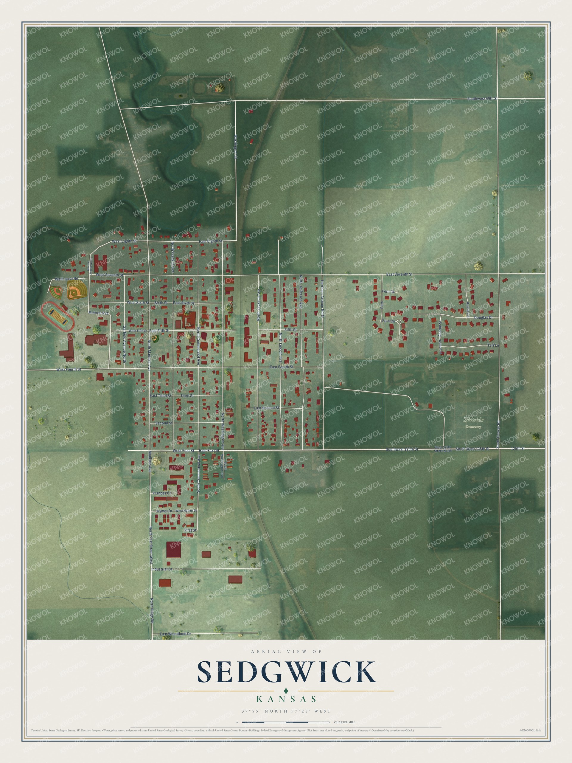 Full map of Sedgwick, Kansas, with red buildings, printed street names and the land around them