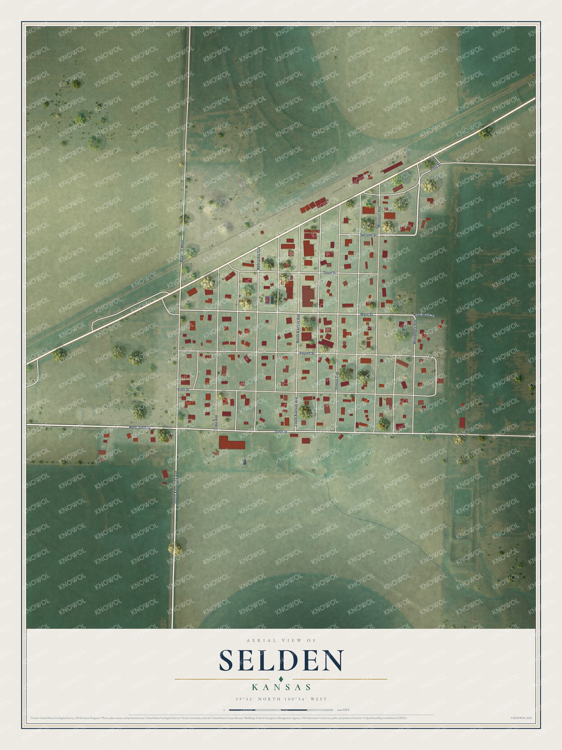 Full map of Selden, Kansas, with red buildings, printed street names and the land around them