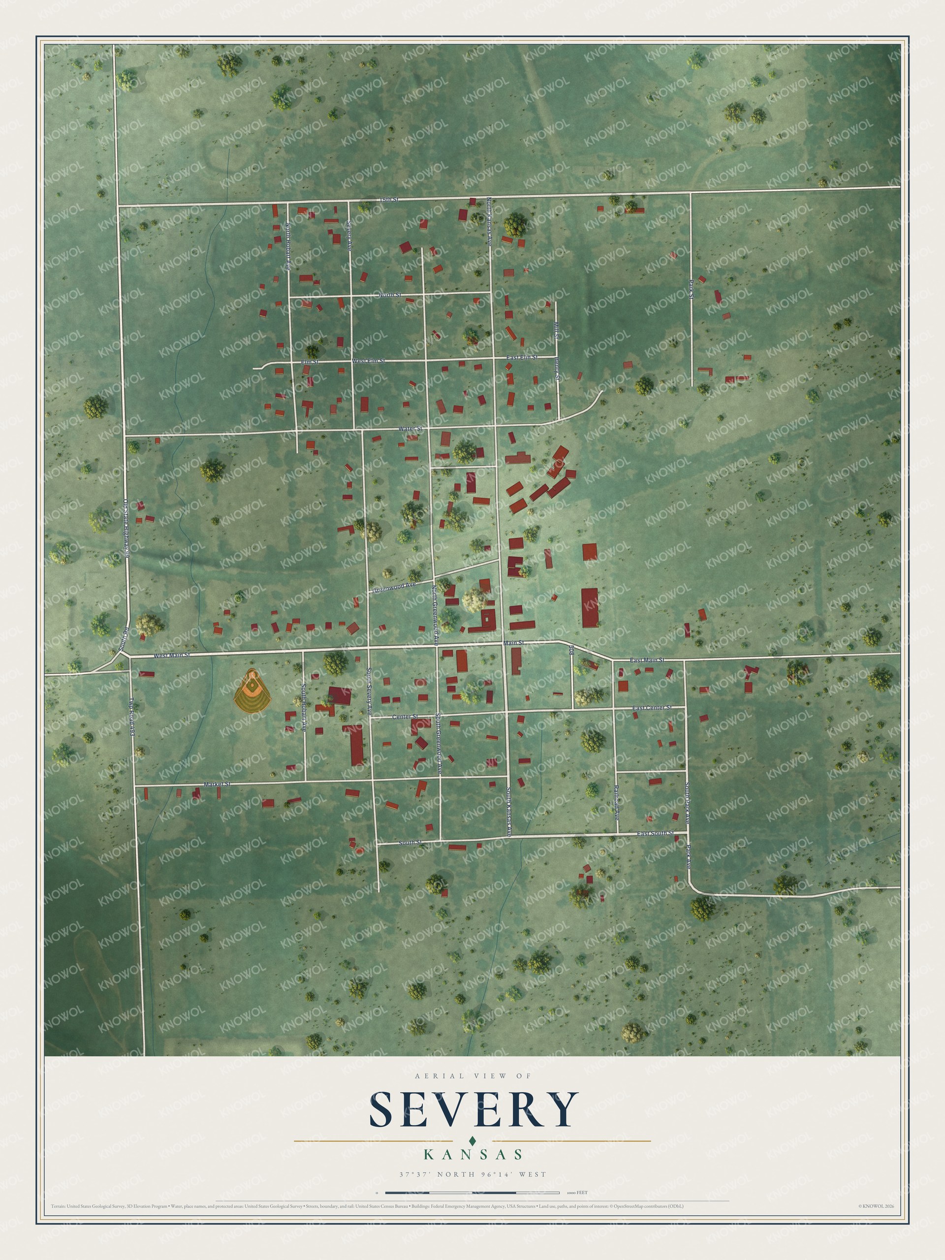 Full map of Severy, Kansas, with red buildings, printed street names and the land around them