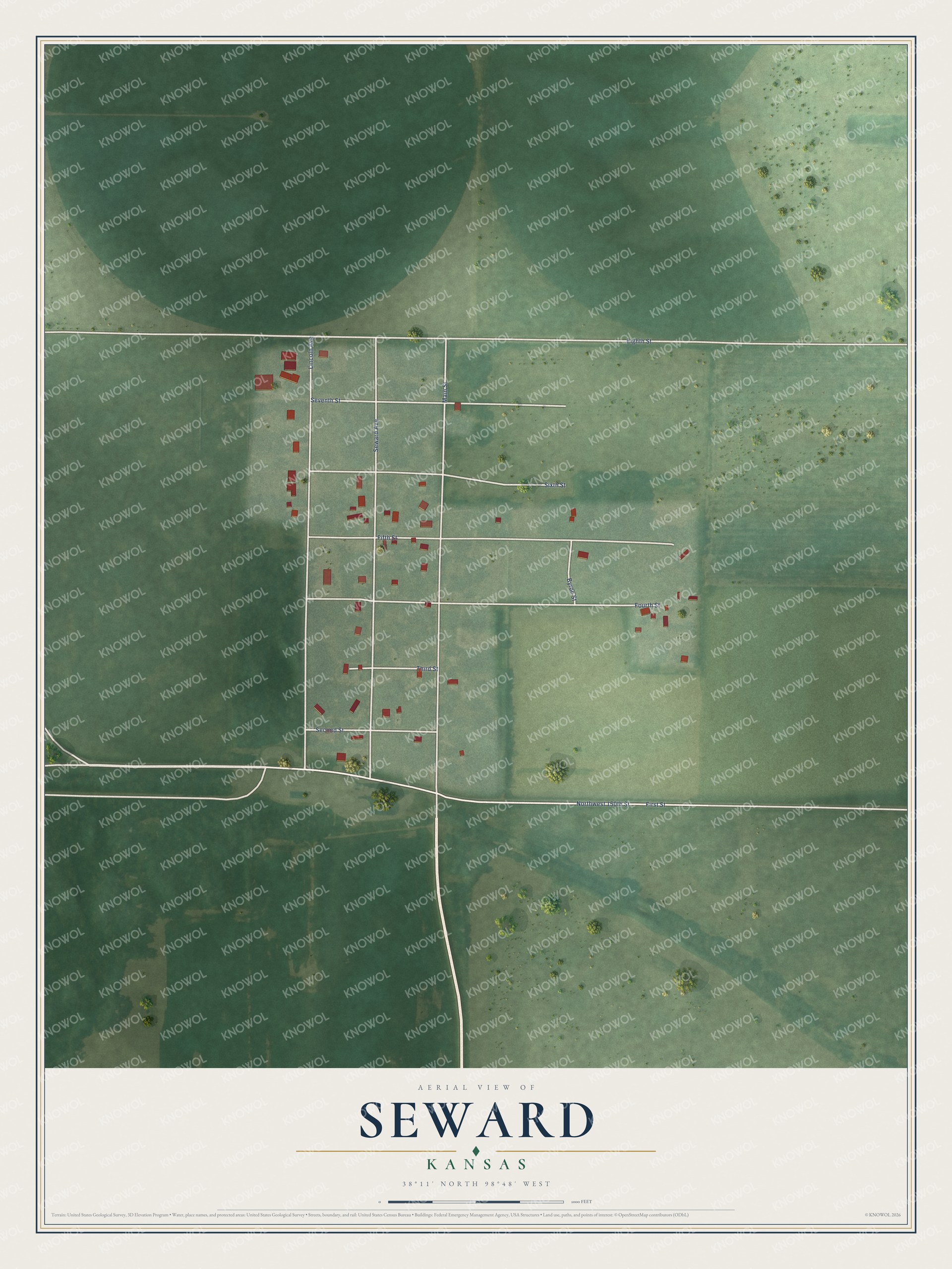 Full map of Seward, Kansas, with red buildings, printed street names and the land around them