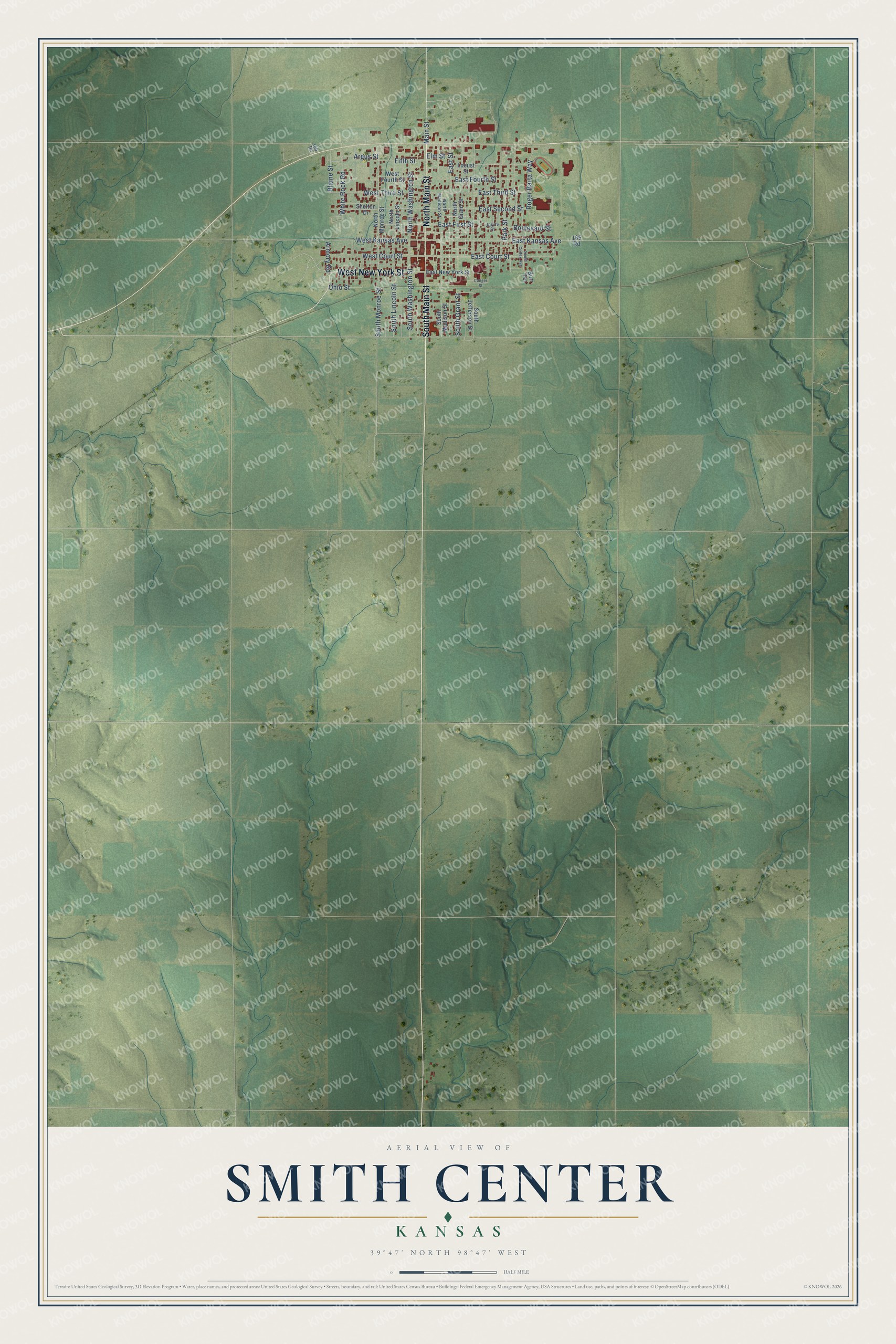 Full map of Smith Center, Kansas, with red buildings, printed street names and the land around them