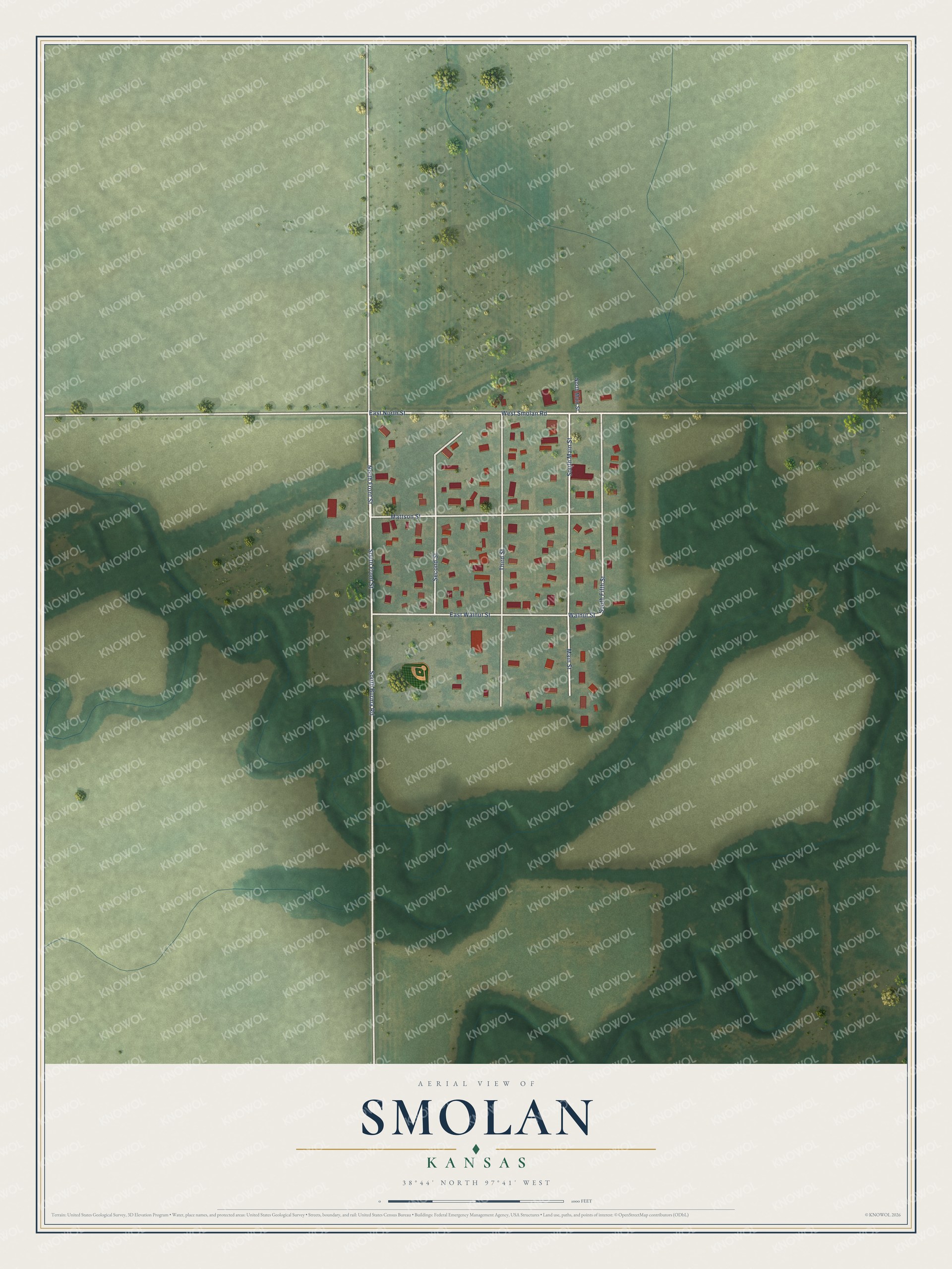 Full map of Smolan, Kansas, with red buildings, printed street names and the land around them