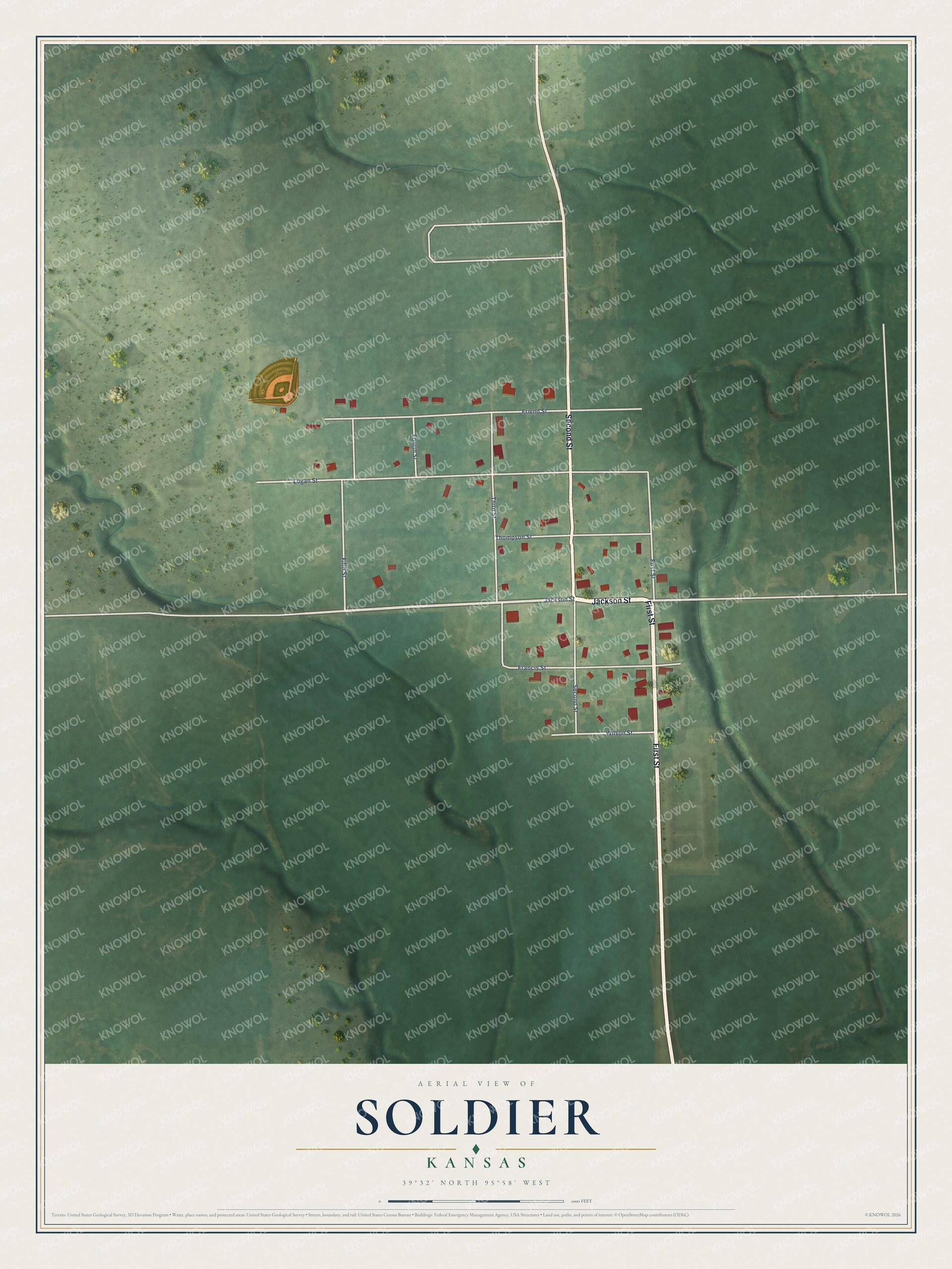 Full map of Soldier, Kansas, with red buildings, printed street names and the land around them
