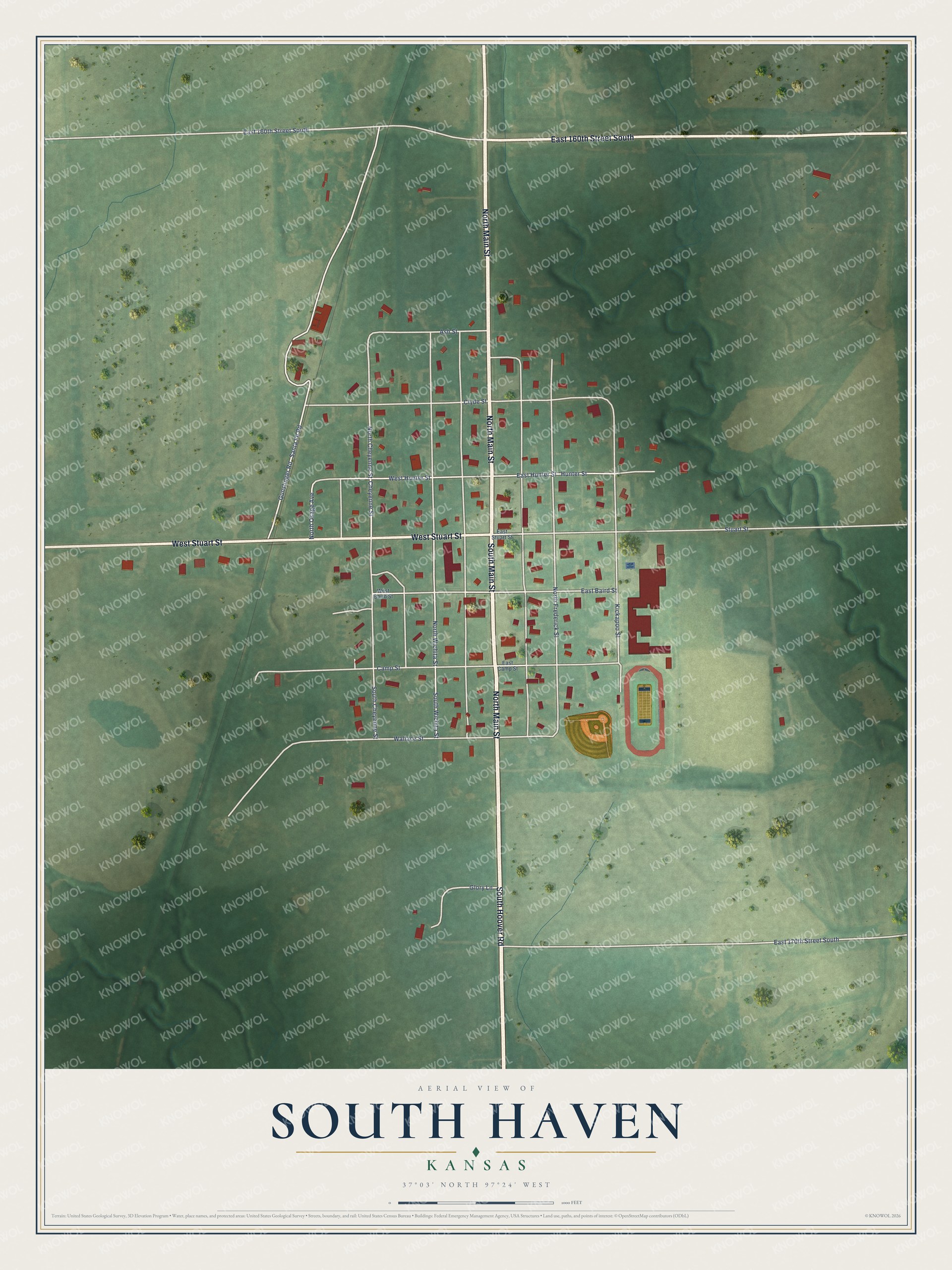 Full map of South Haven, Kansas, with red buildings, printed street names and the land around them