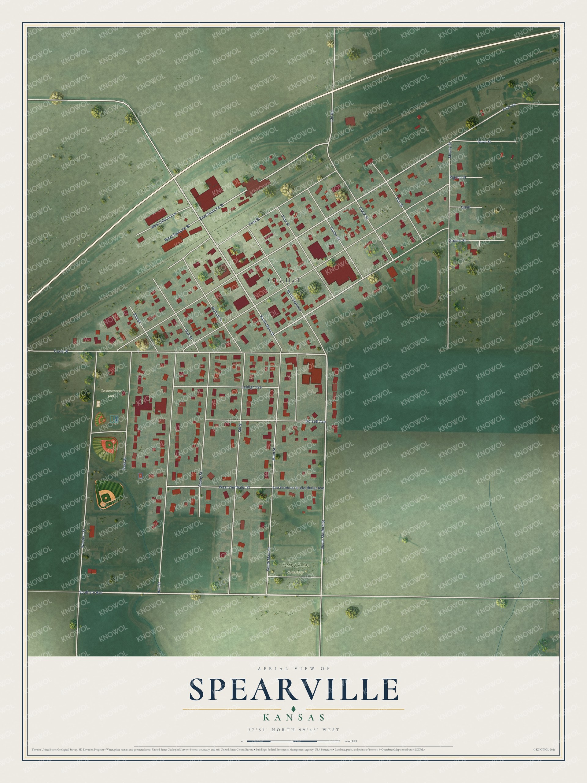 Full map of Spearville, Kansas, with red buildings, printed street names and the land around them