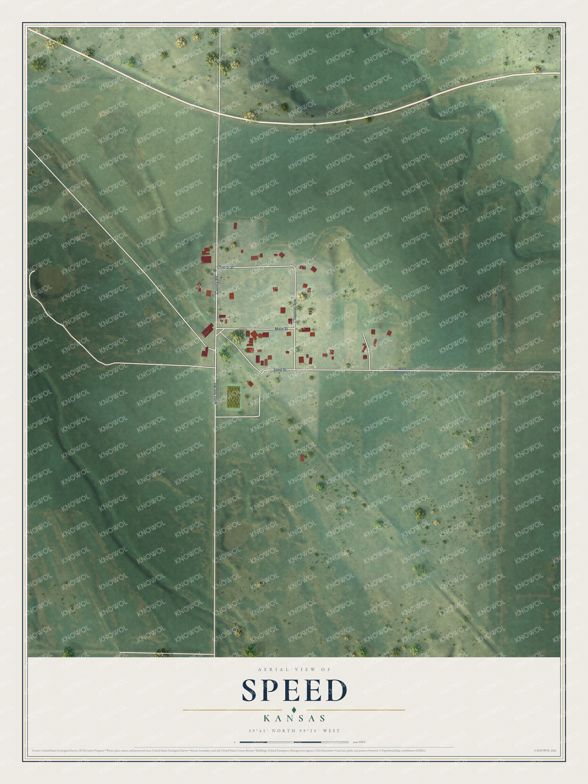 Full map of Speed, Kansas, with red buildings, printed street names and the land around them