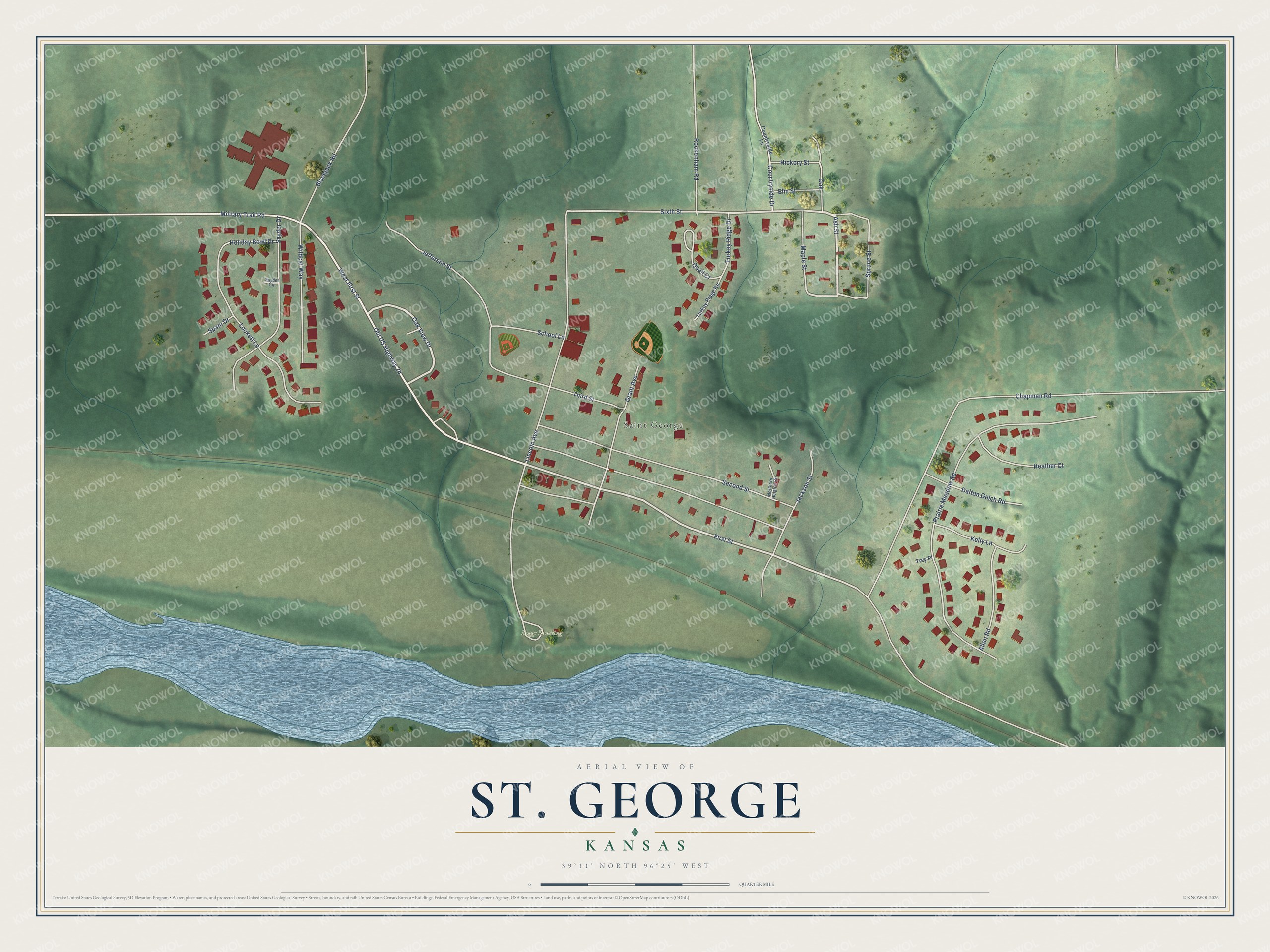 Full map of St. George, Kansas, with red buildings, printed street names and the land around them