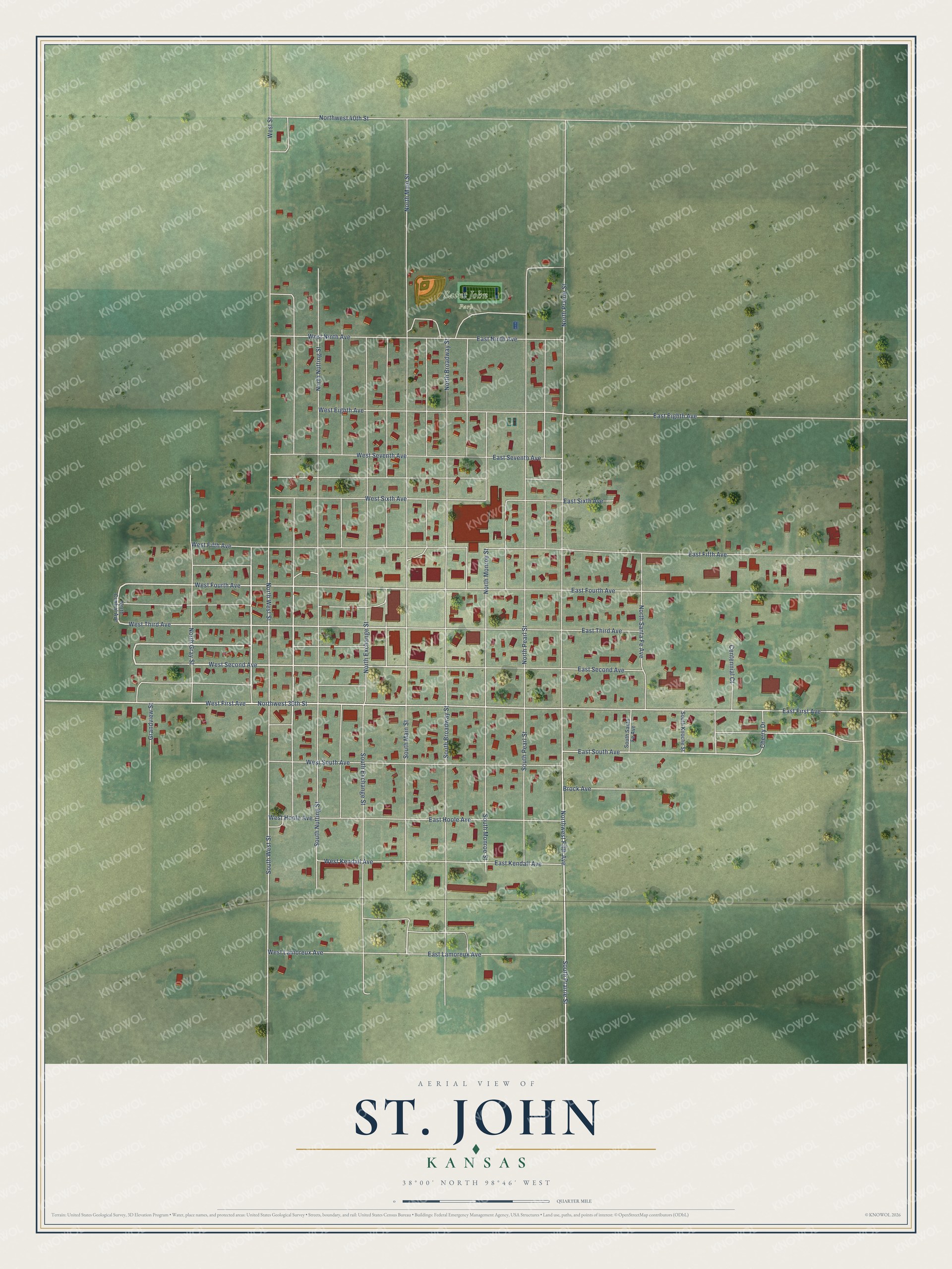 Full map of St. John, Kansas, with red buildings, printed street names and the land around them