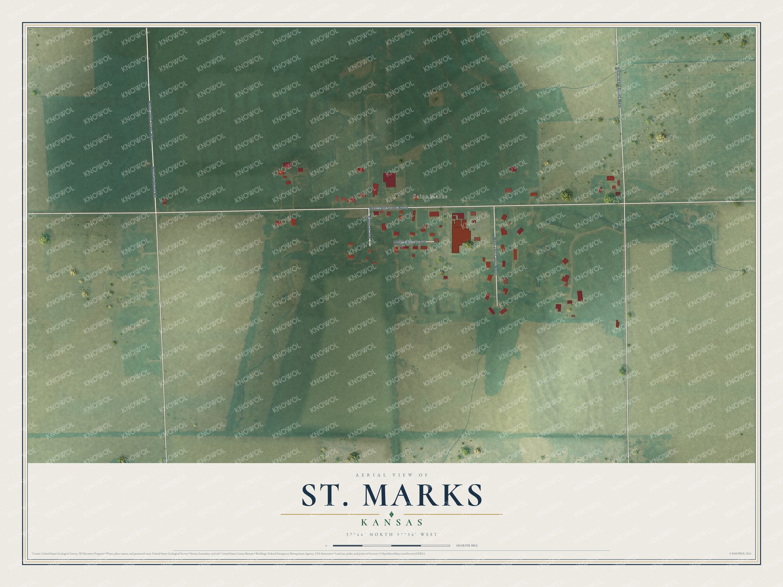 Full map of St. Marks, Kansas, with red buildings, printed street names and the land around them