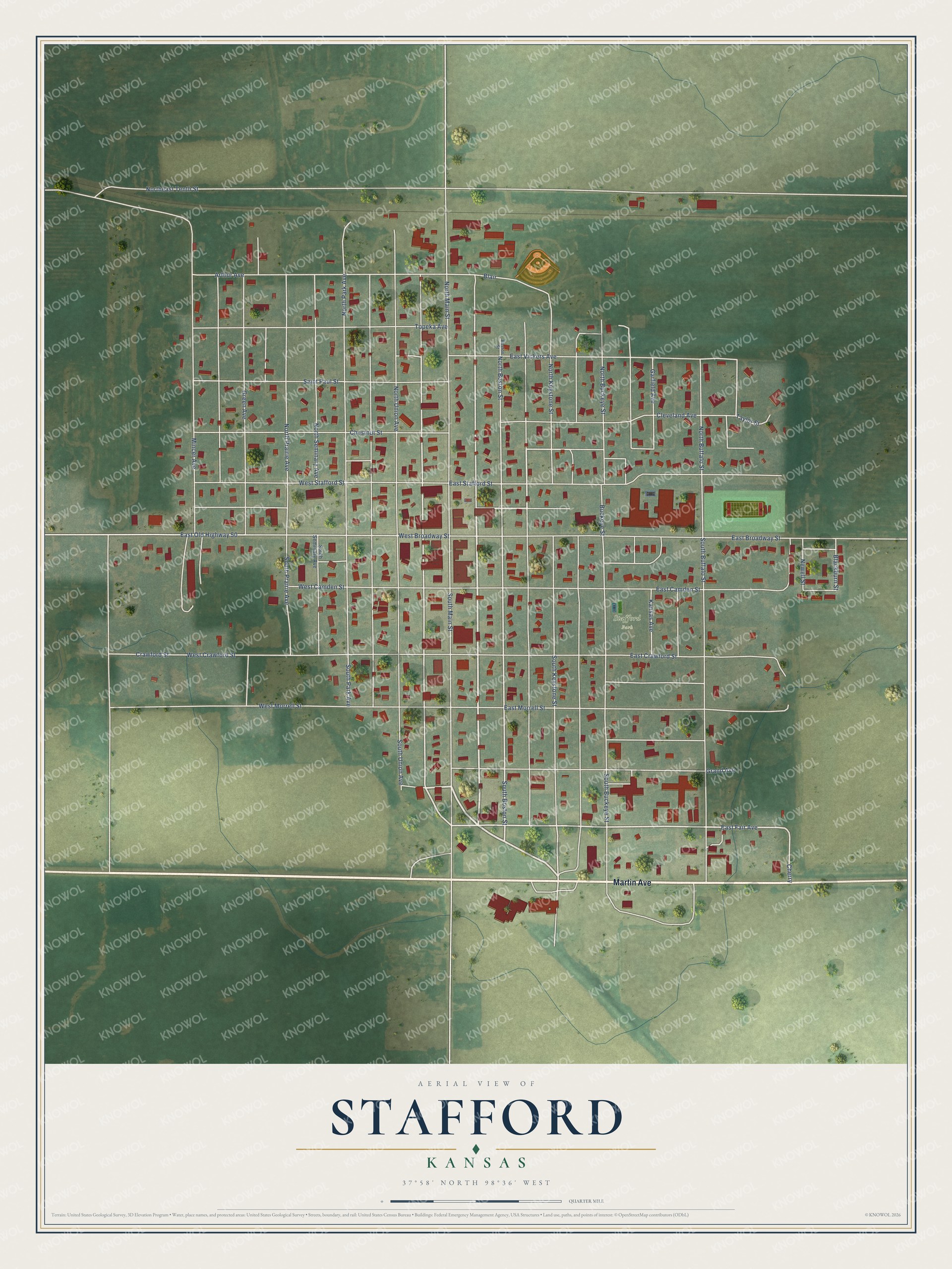 Full map of Stafford, Kansas, with red buildings, printed street names and the land around them