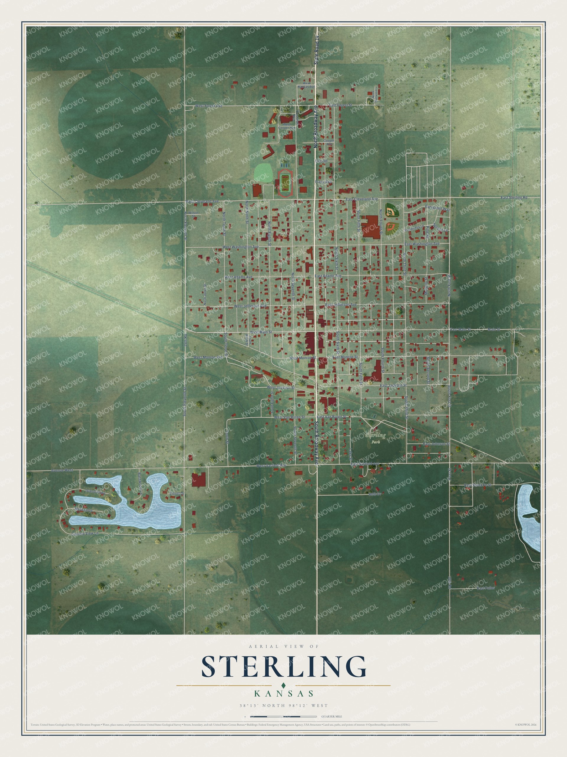 Full map of Sterling, Kansas, with red buildings, printed street names and the land around them