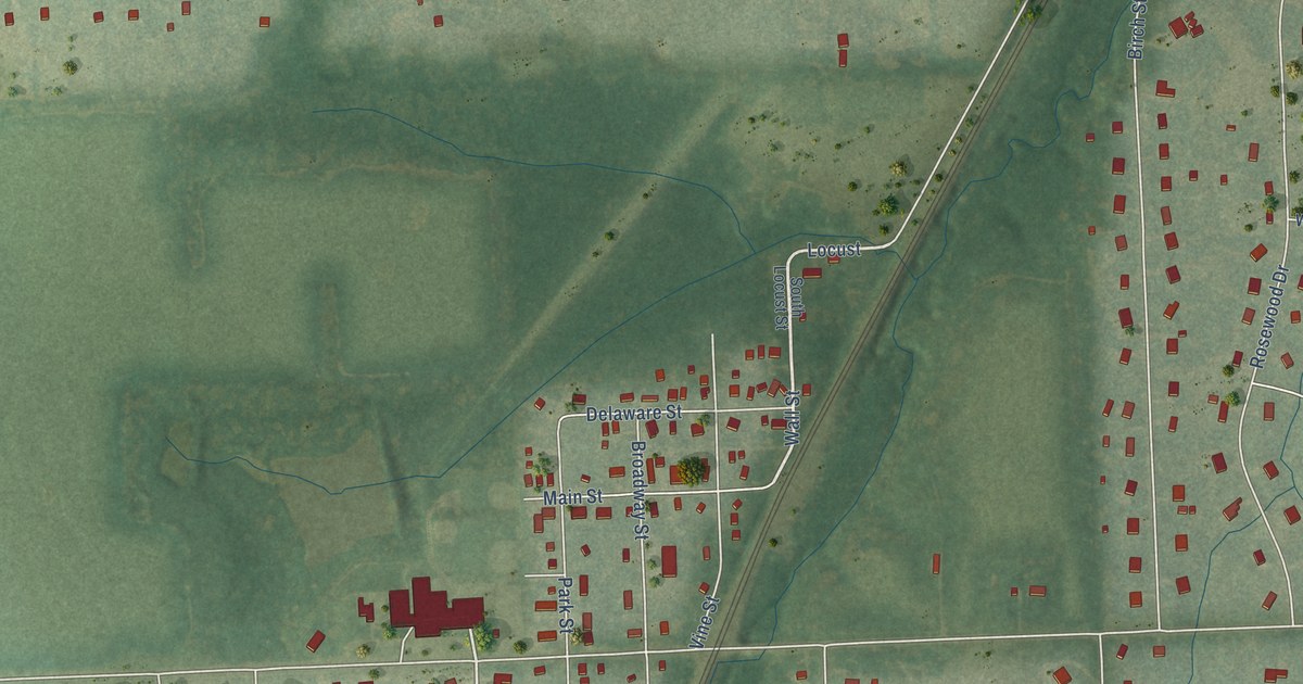 Close-up of streets and buildings in Stilwell, Kansas