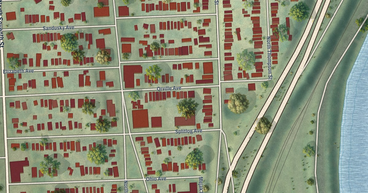 Close-up of streets and buildings in Strawberry Hill, Kansas