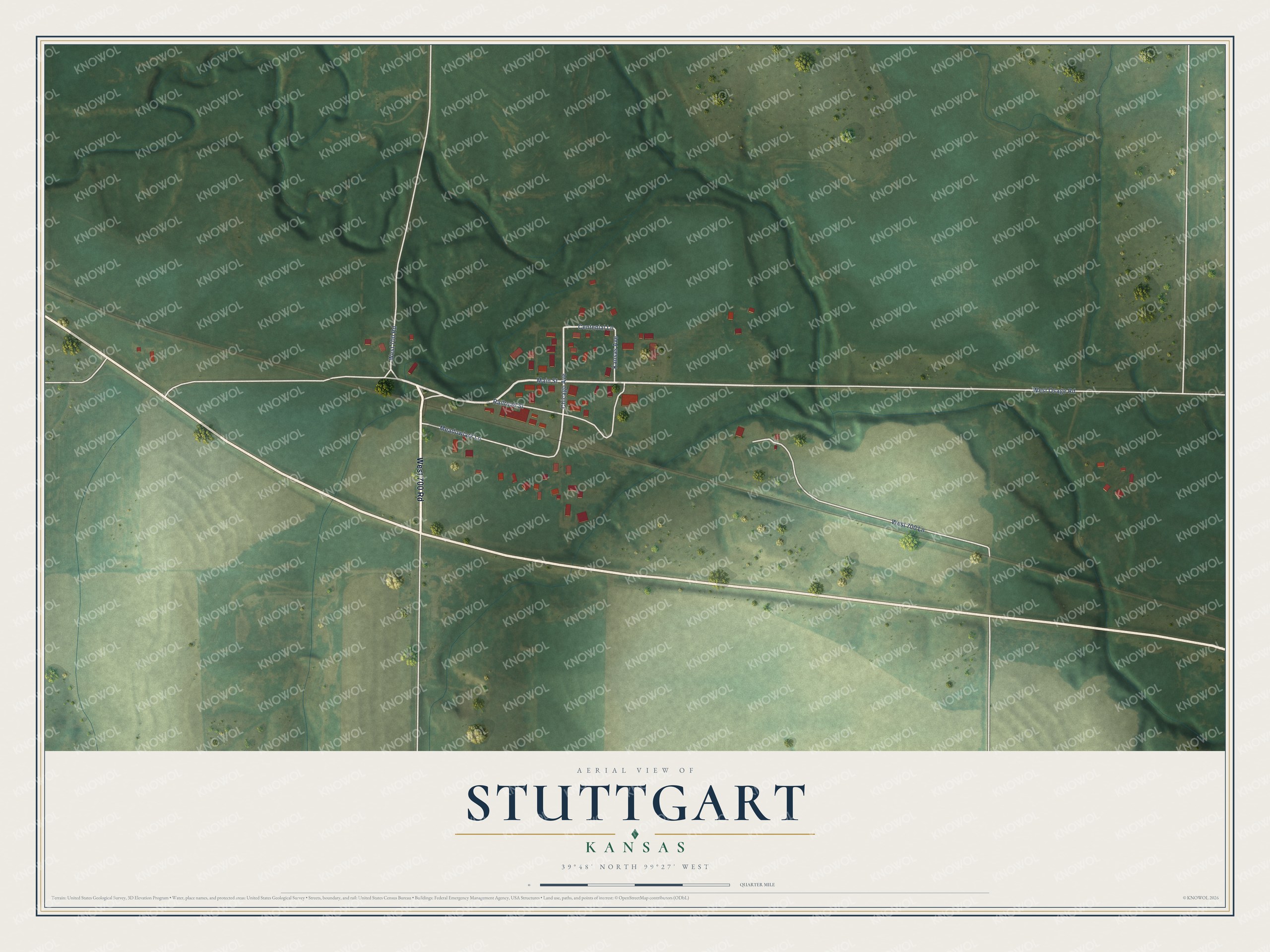 Full map of Stuttgart, Kansas, with red buildings, printed street names and the land around them