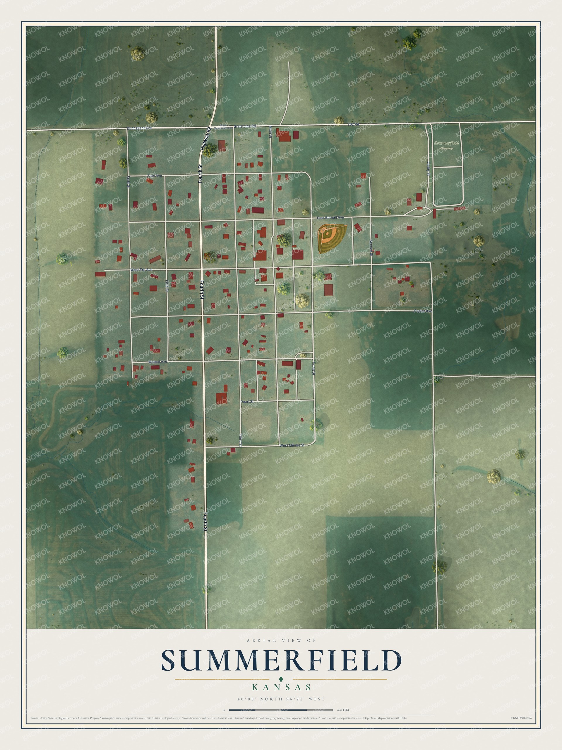Full map of Summerfield, Kansas, with red buildings, printed street names and the land around them