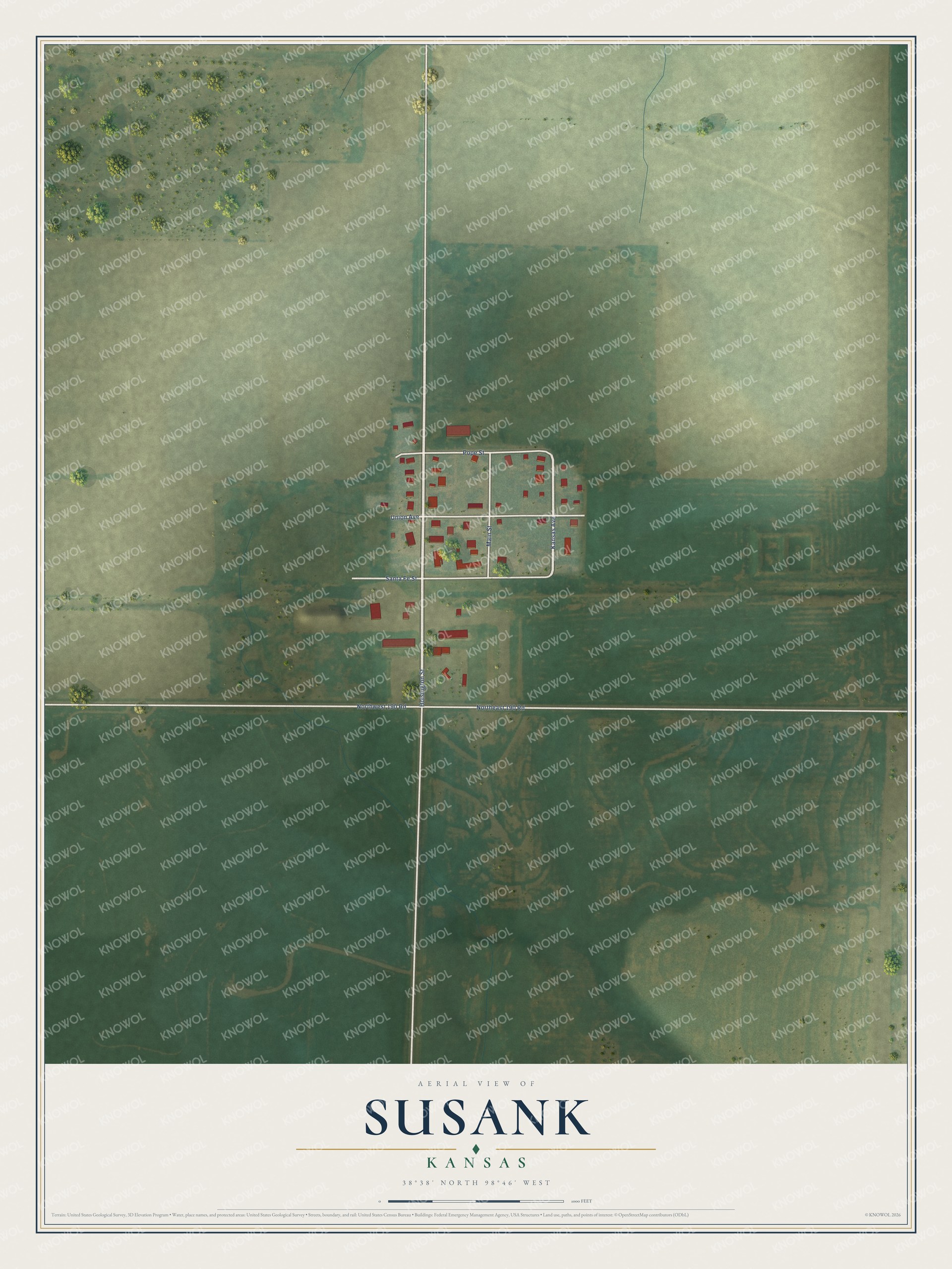 Full map of Susank, Kansas, with red buildings, printed street names and the land around them