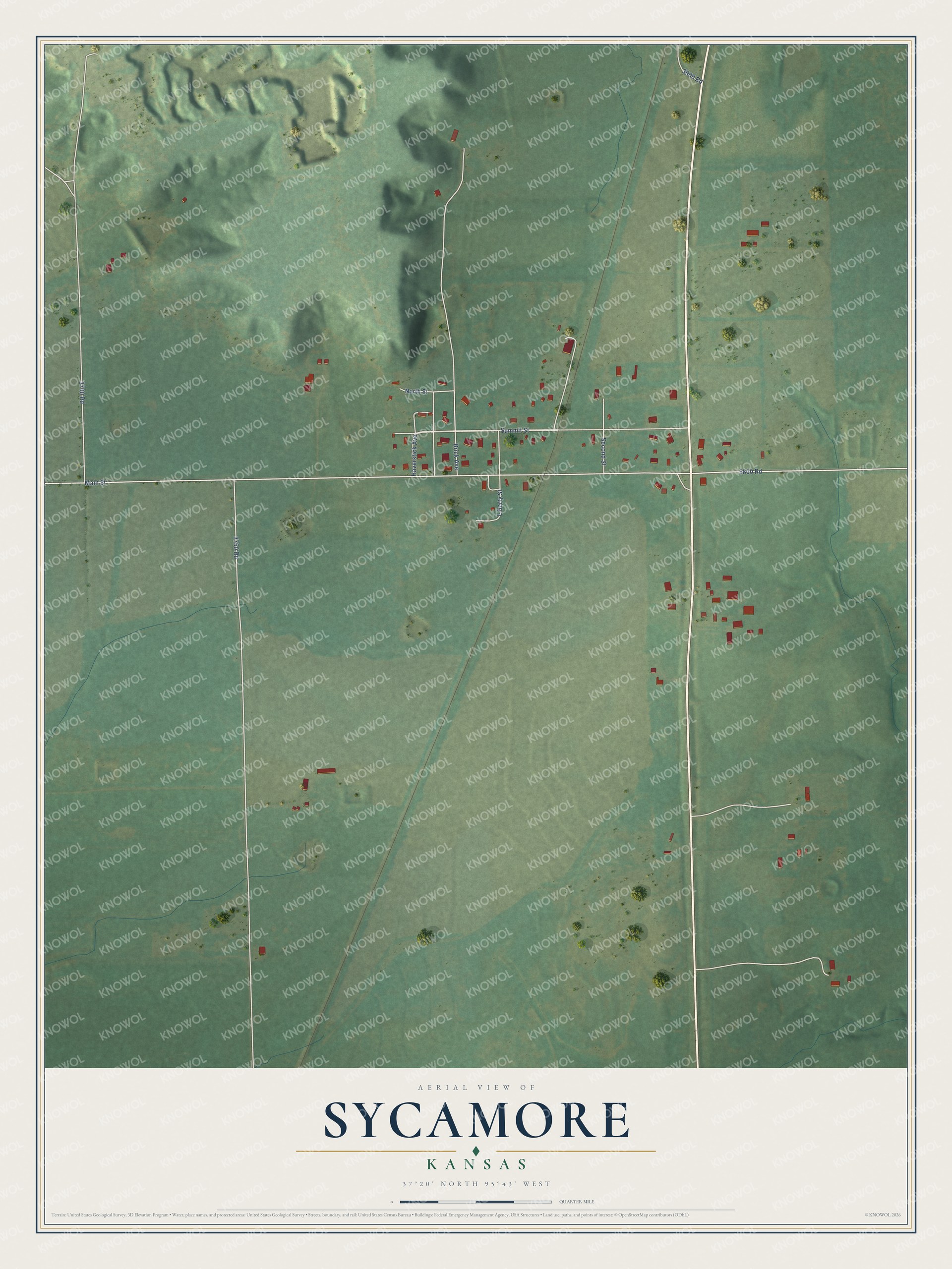 Full map of Sycamore, Kansas, with red buildings, printed street names and the land around them