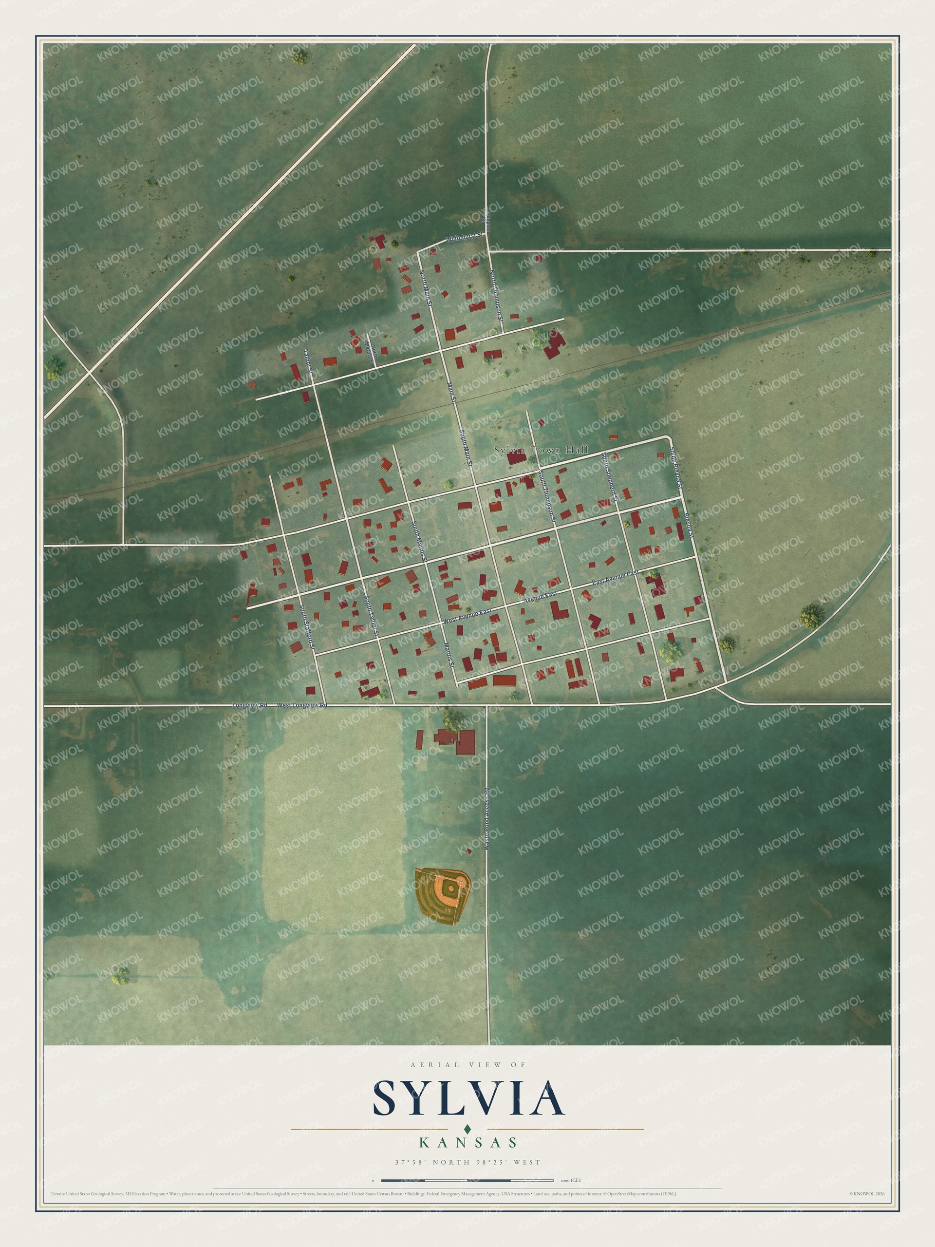 Full map of Sylvia, Kansas, with red buildings, printed street names and the land around them