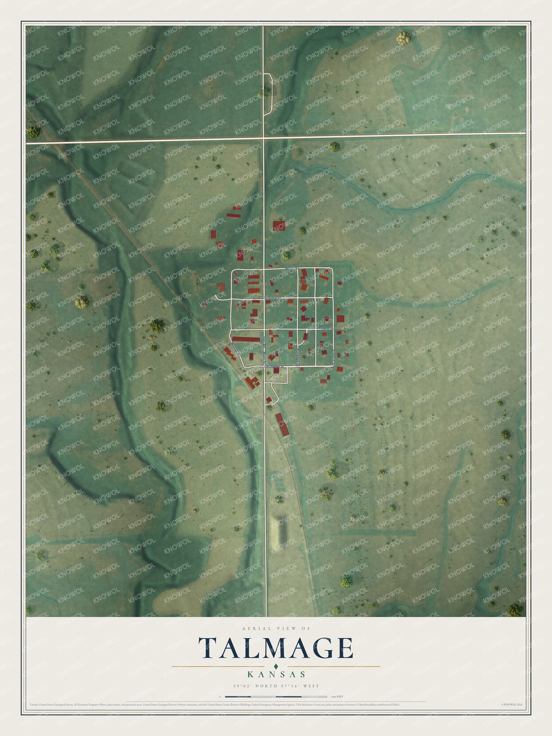 Full map of Talmage, Kansas, with red buildings, printed street names and the land around them