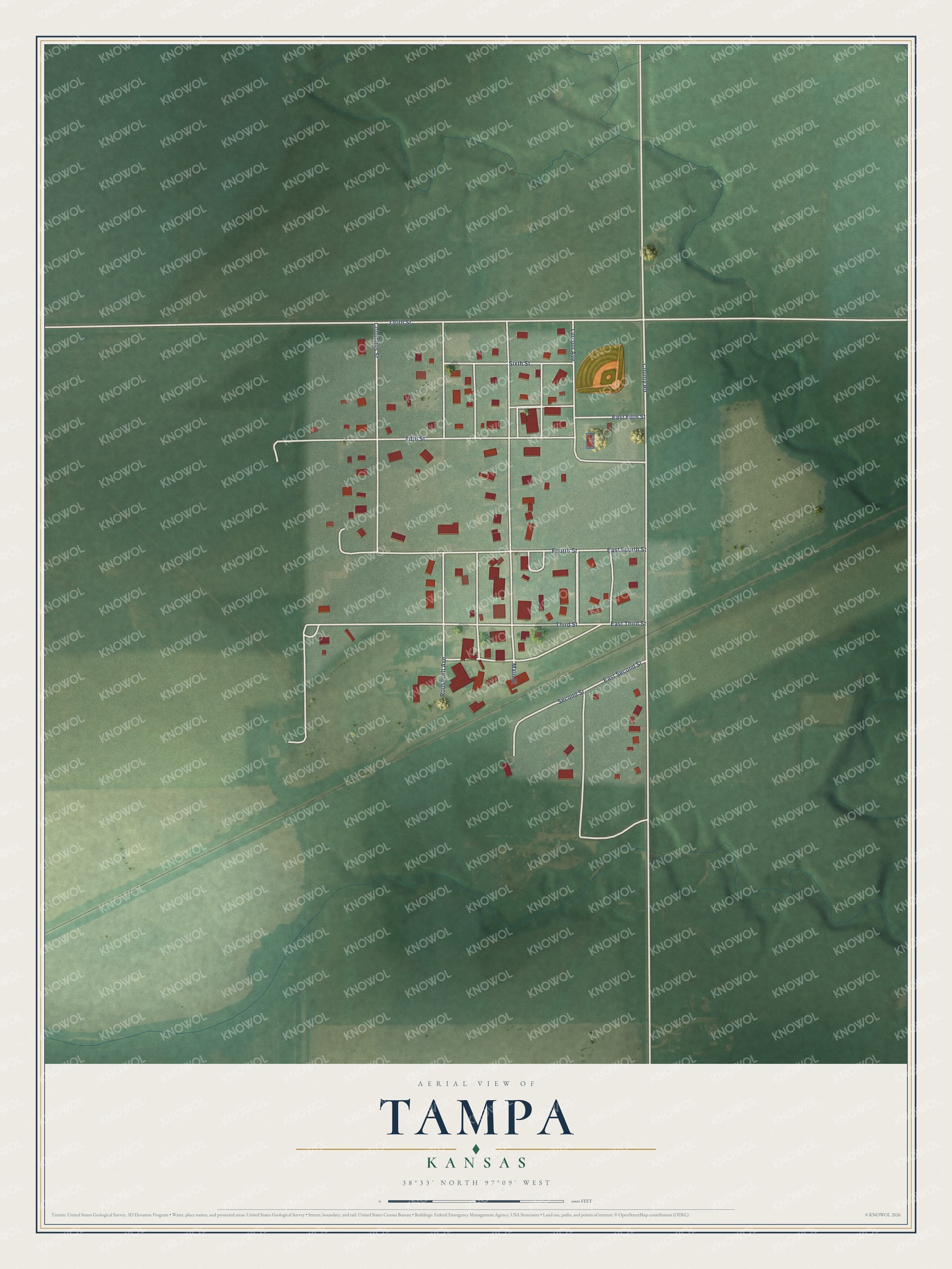 Full map of Tampa, Kansas, with red buildings, printed street names and the land around them