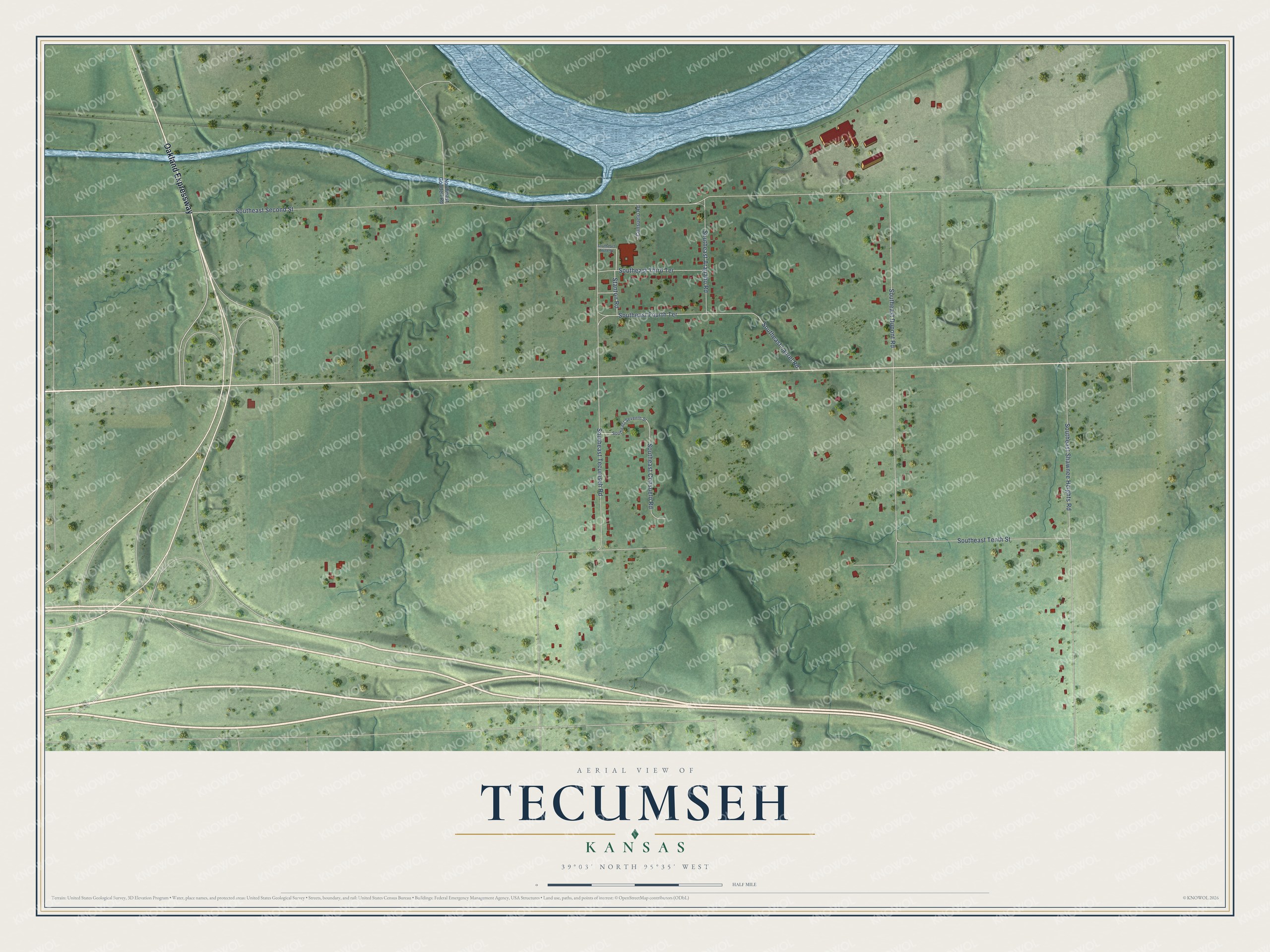 Full map of Tecumseh, Kansas, with red buildings, printed street names and the land around them