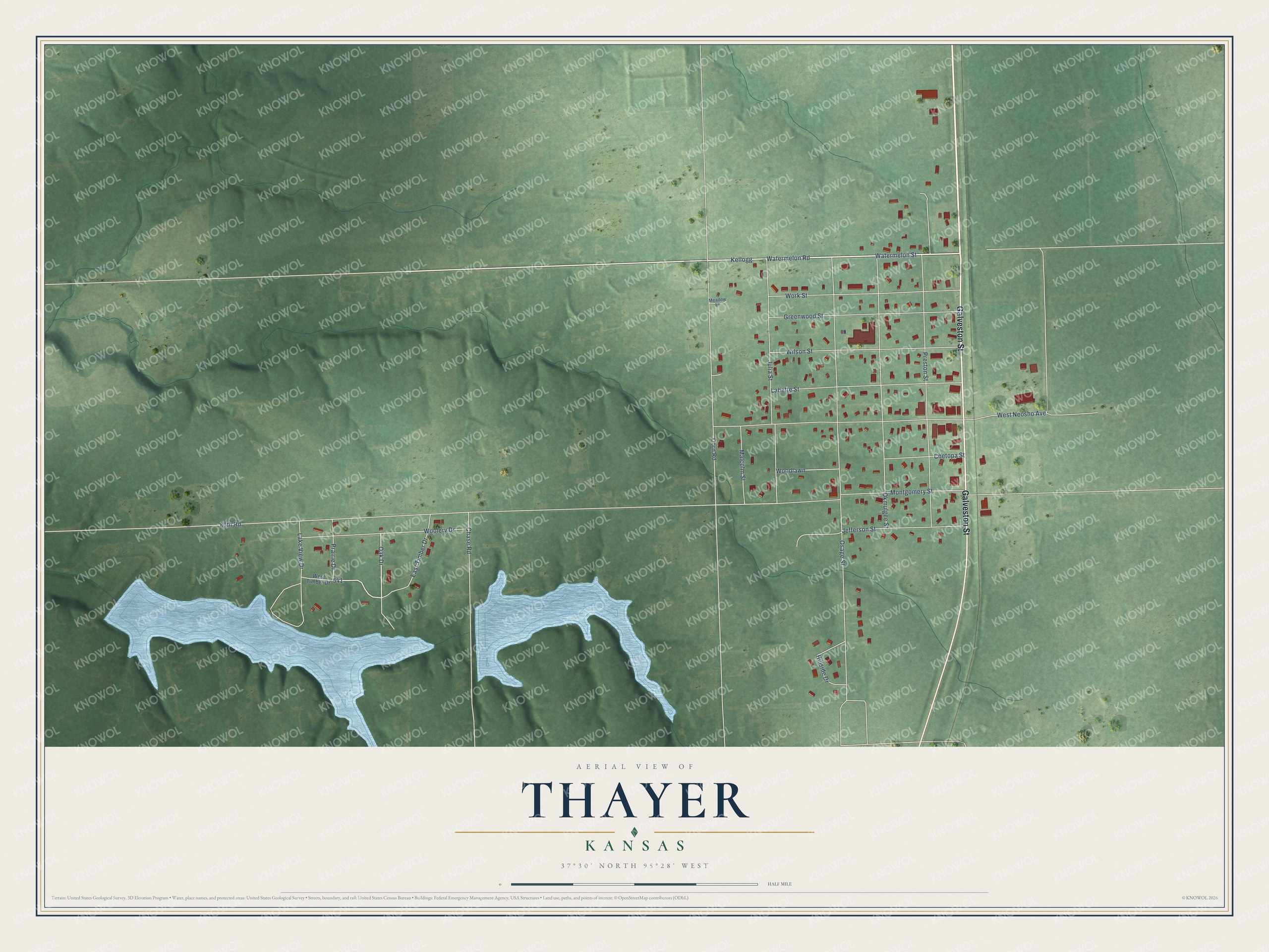 Watermarked full-map preview of Thayer, Kansas