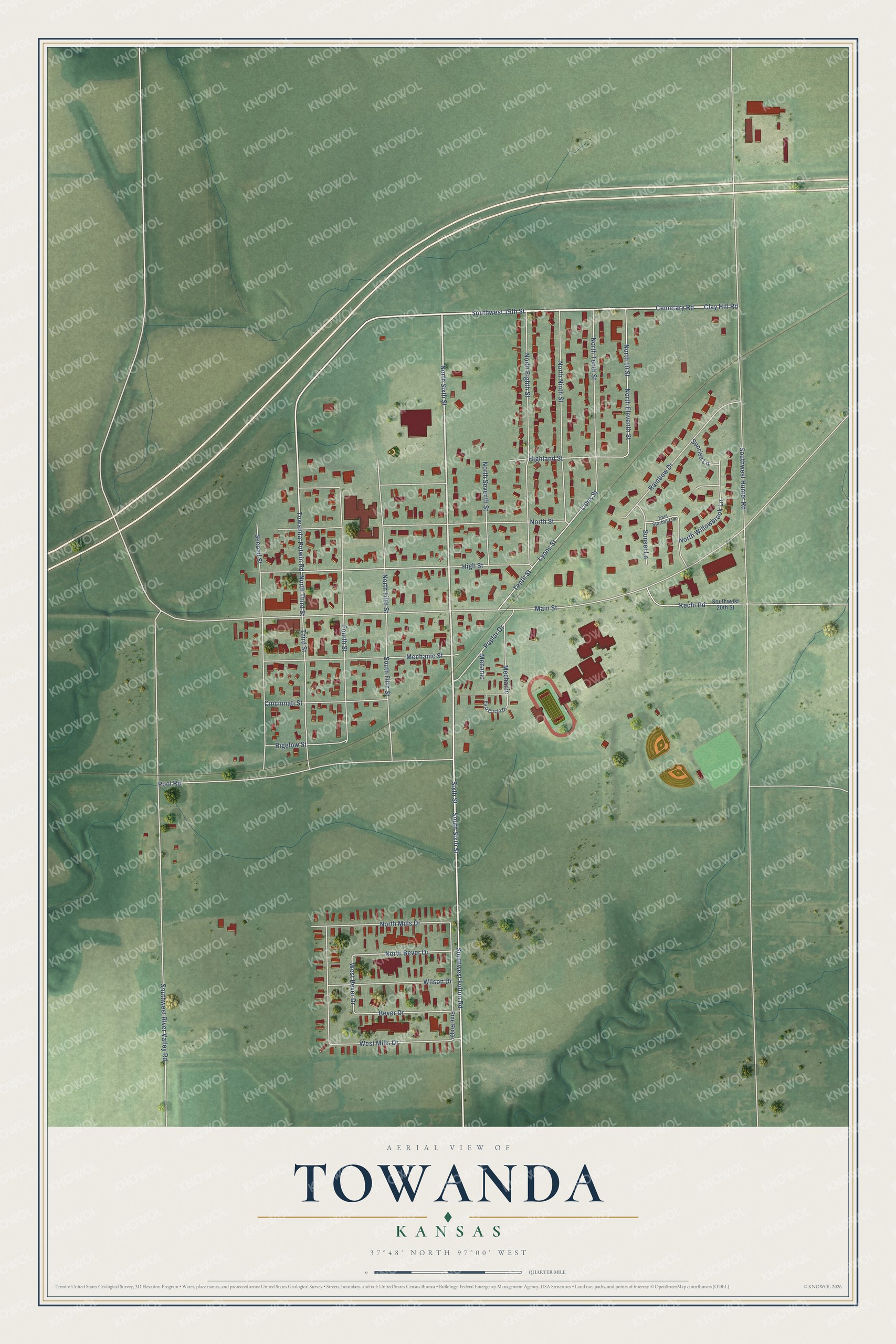 Full map of Towanda, Kansas, with red buildings, printed street names and the land around them
