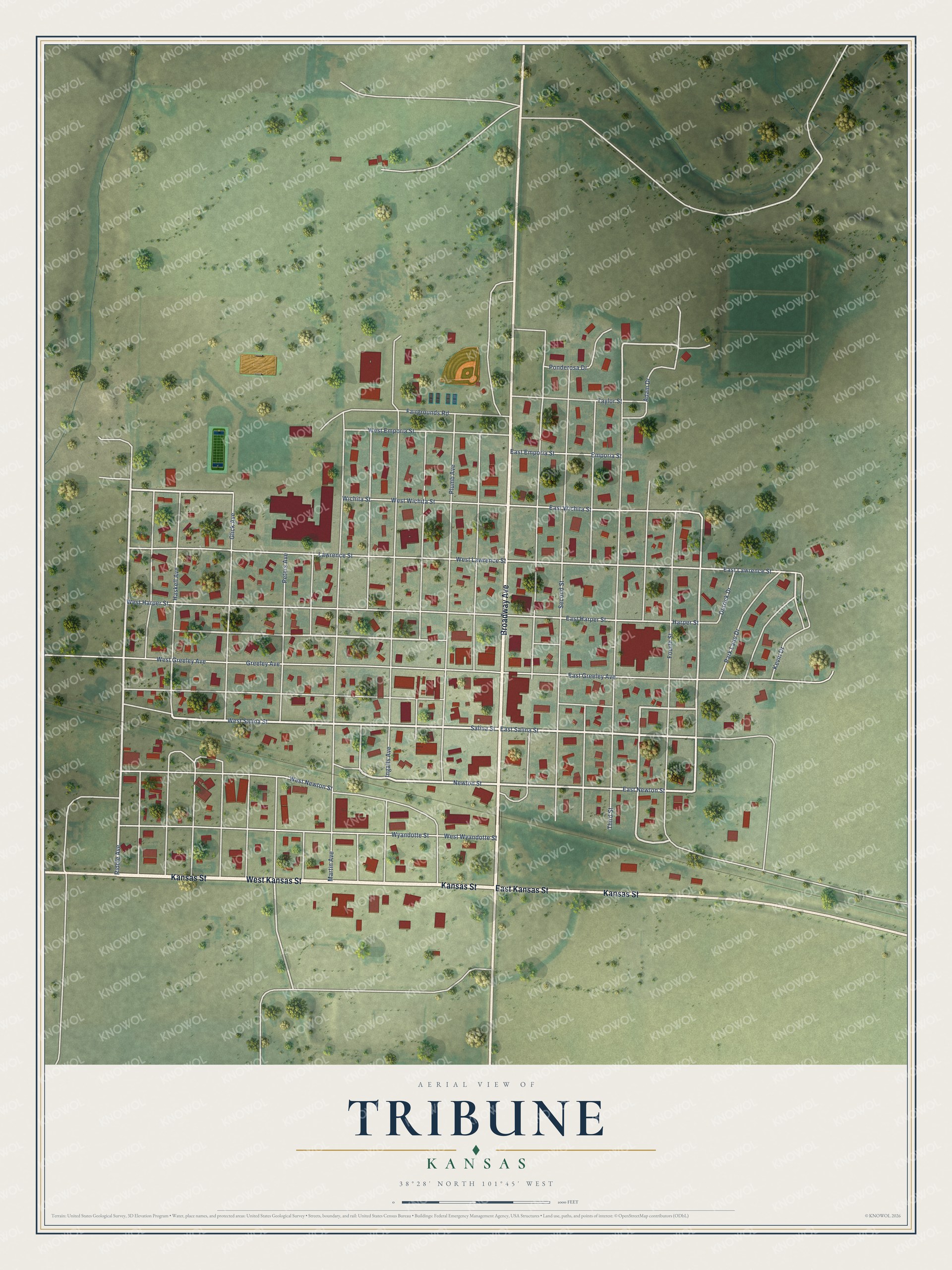 Watermarked full-map preview of Tribune, Kansas
