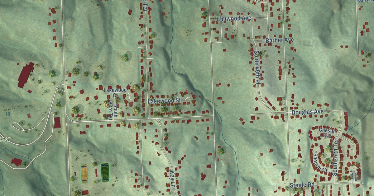 Close-up of streets and buildings in Turner, Kansas