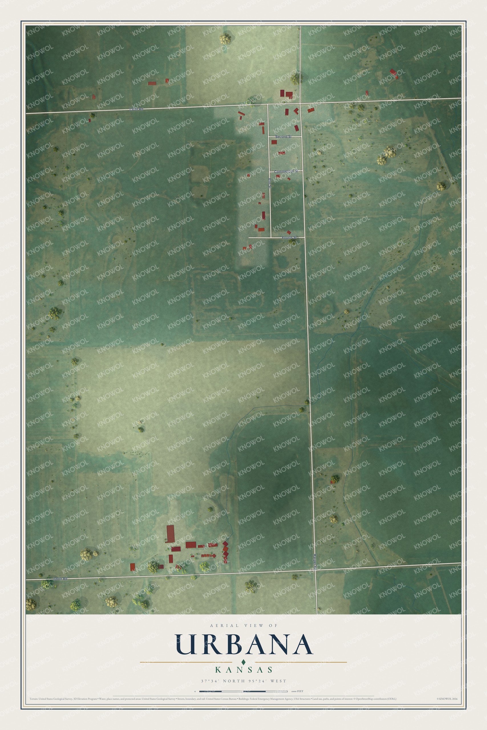 Full map of Urbana, Kansas, with red buildings, printed street names and the land around them