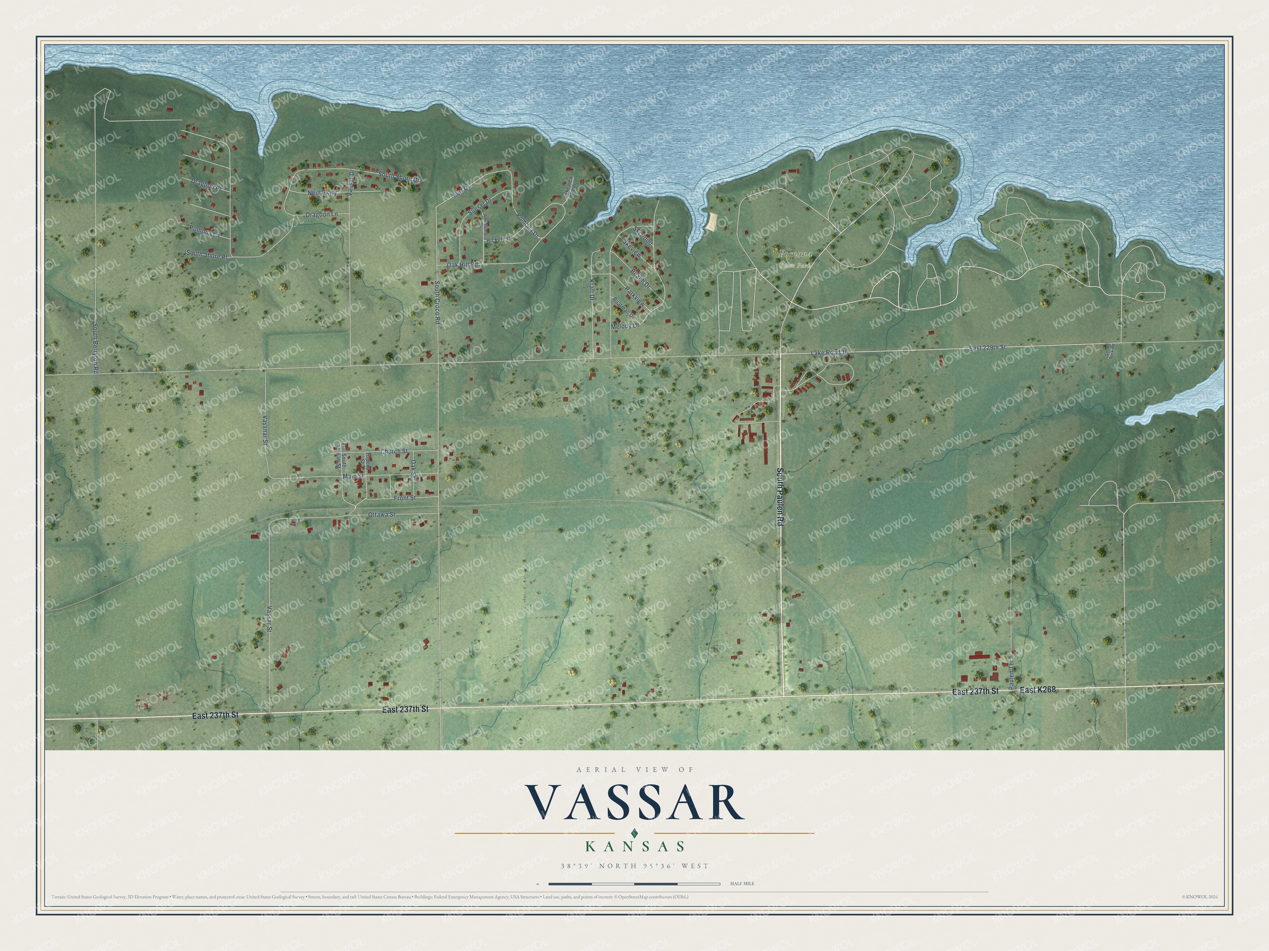 Full map of Vassar, Kansas, with red buildings, printed street names and the land around them