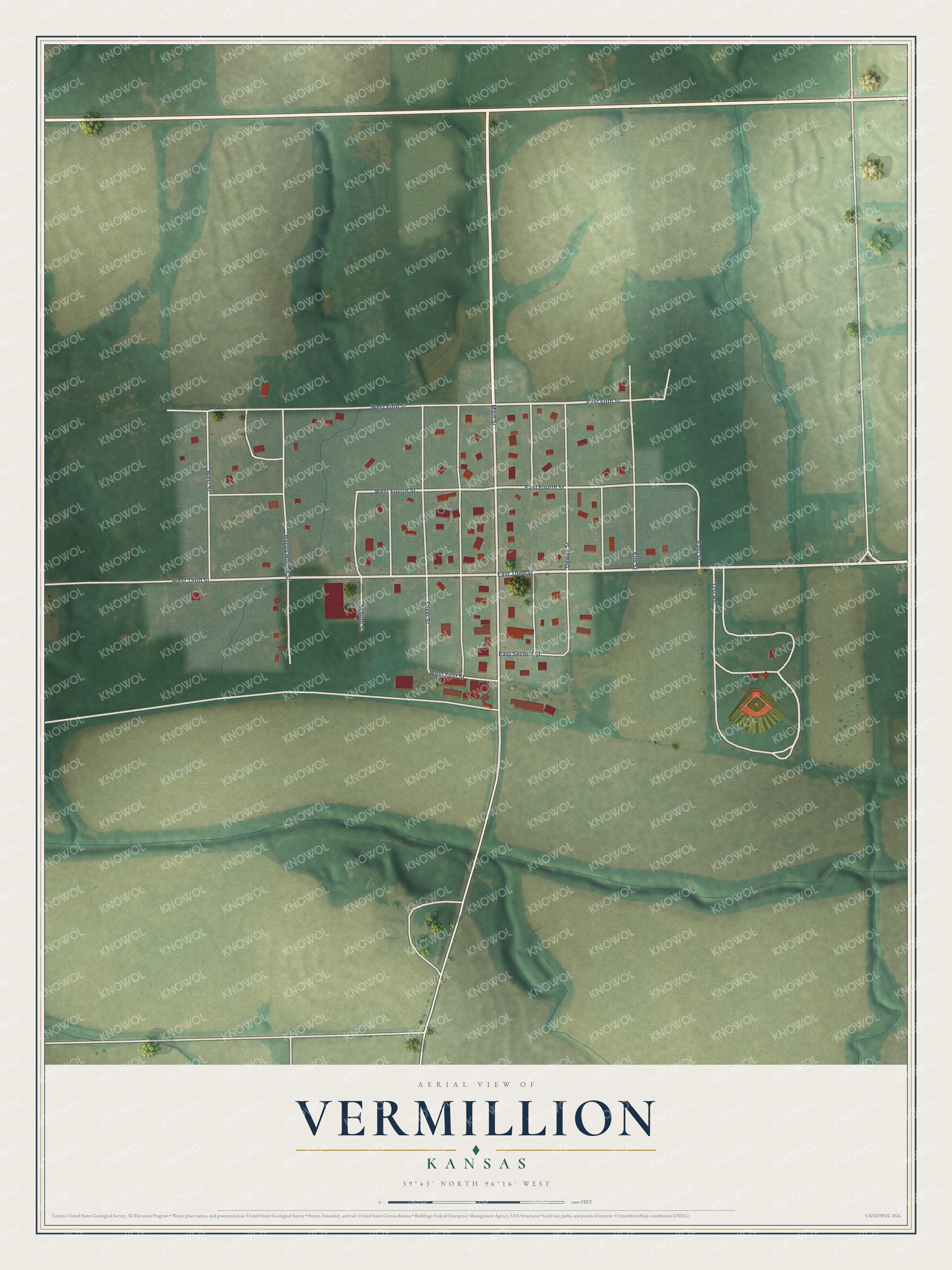 Full map of Vermillion, Kansas, with red buildings, printed street names and the land around them