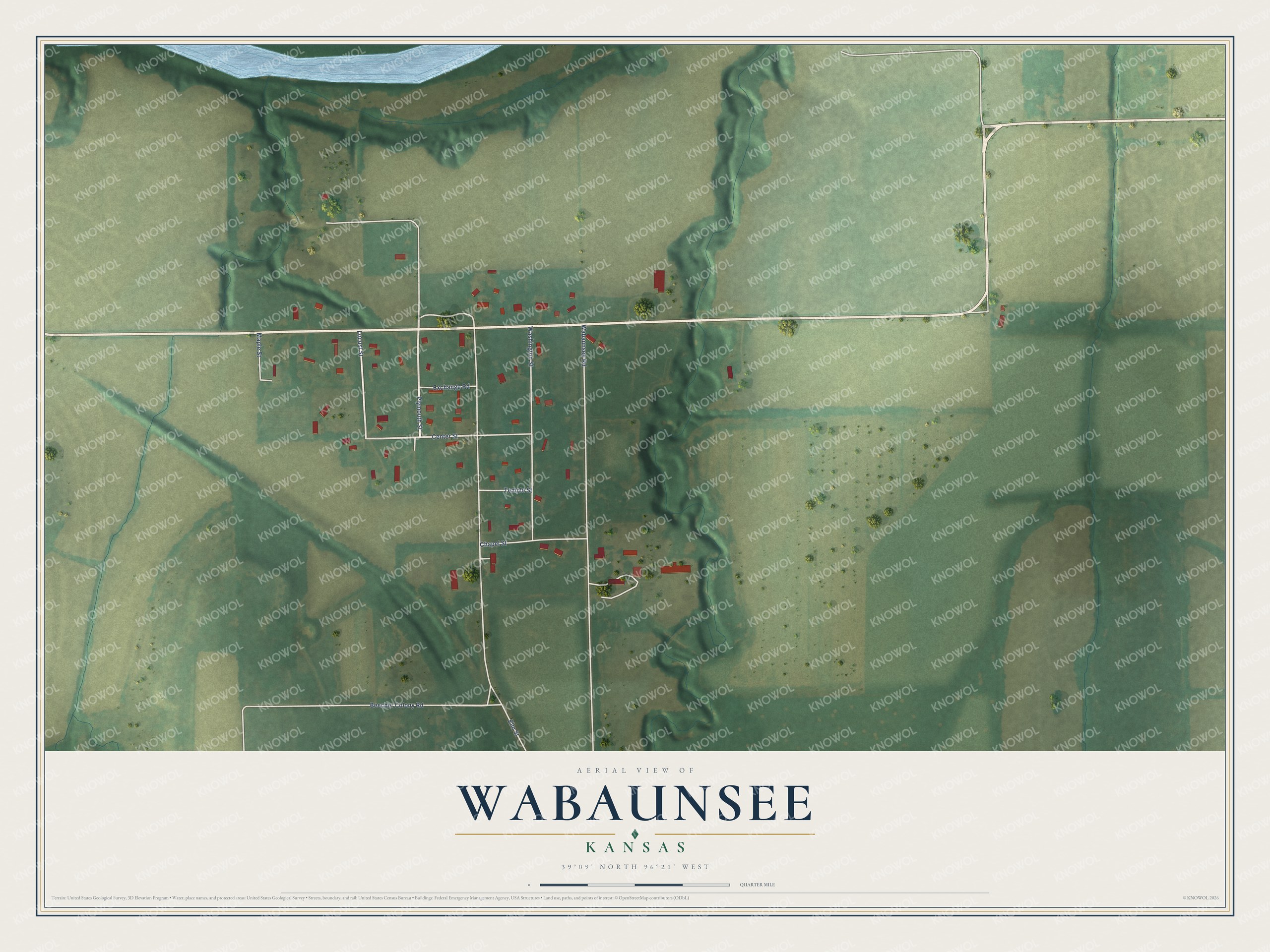 Full map of Wabaunsee, Kansas, with red buildings, printed street names and the land around them