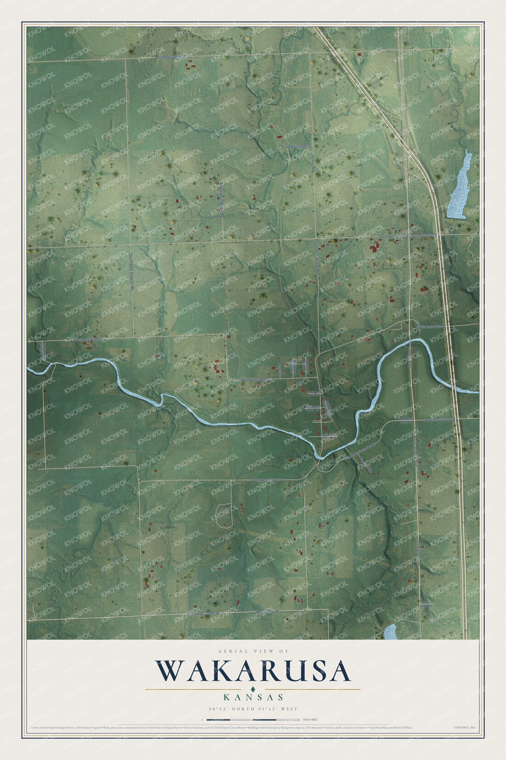Full map of Wakarusa, Kansas, with red buildings, printed street names and the land around them