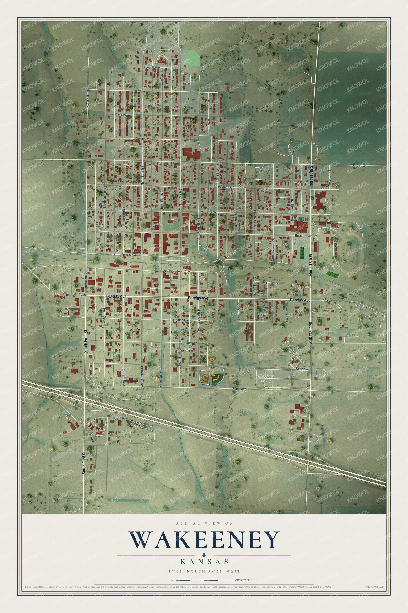 Full map of WaKeeney, Kansas, with red buildings, printed street names and the land around them
