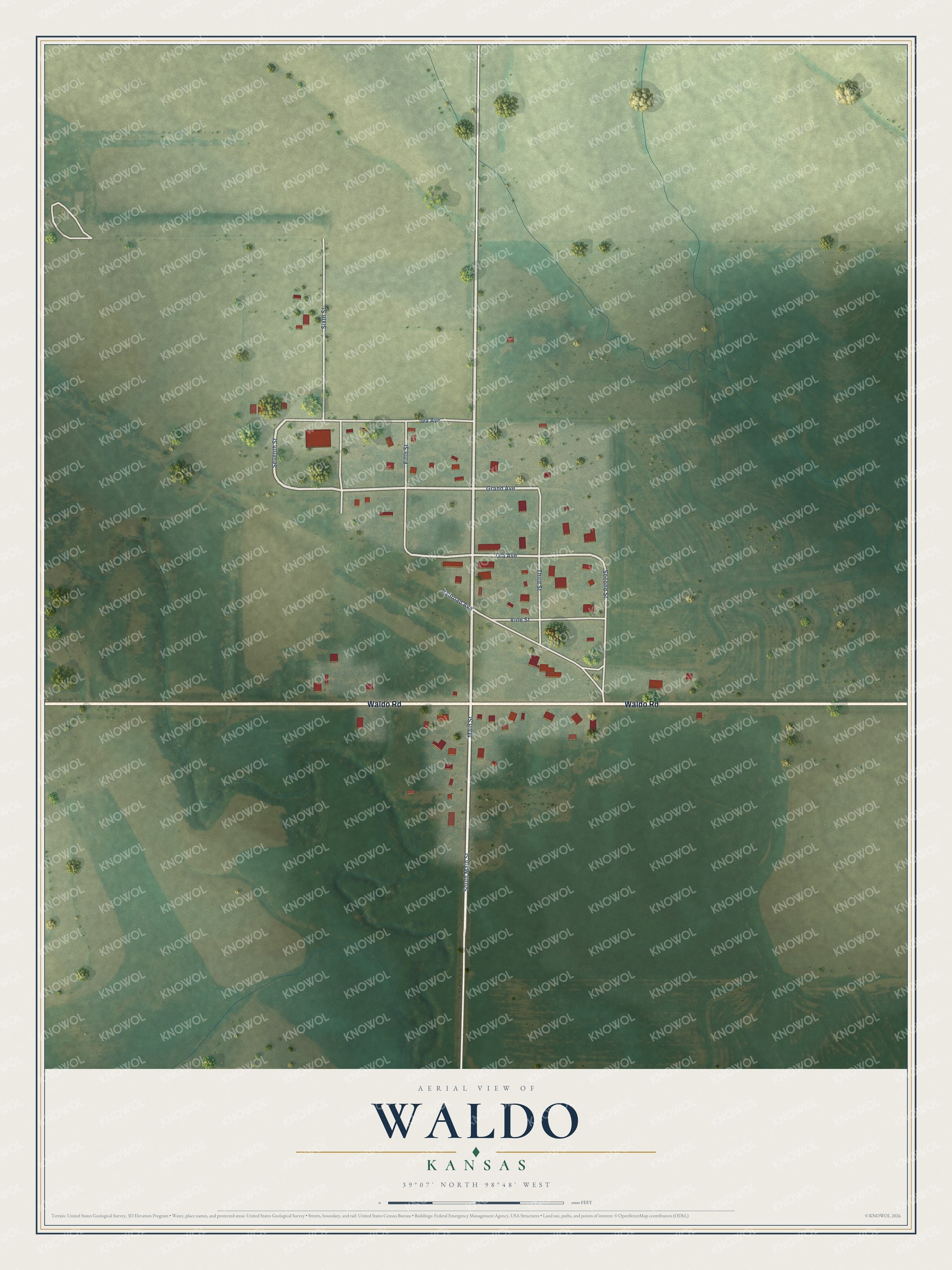 Watermarked full-map preview of Waldo, Kansas