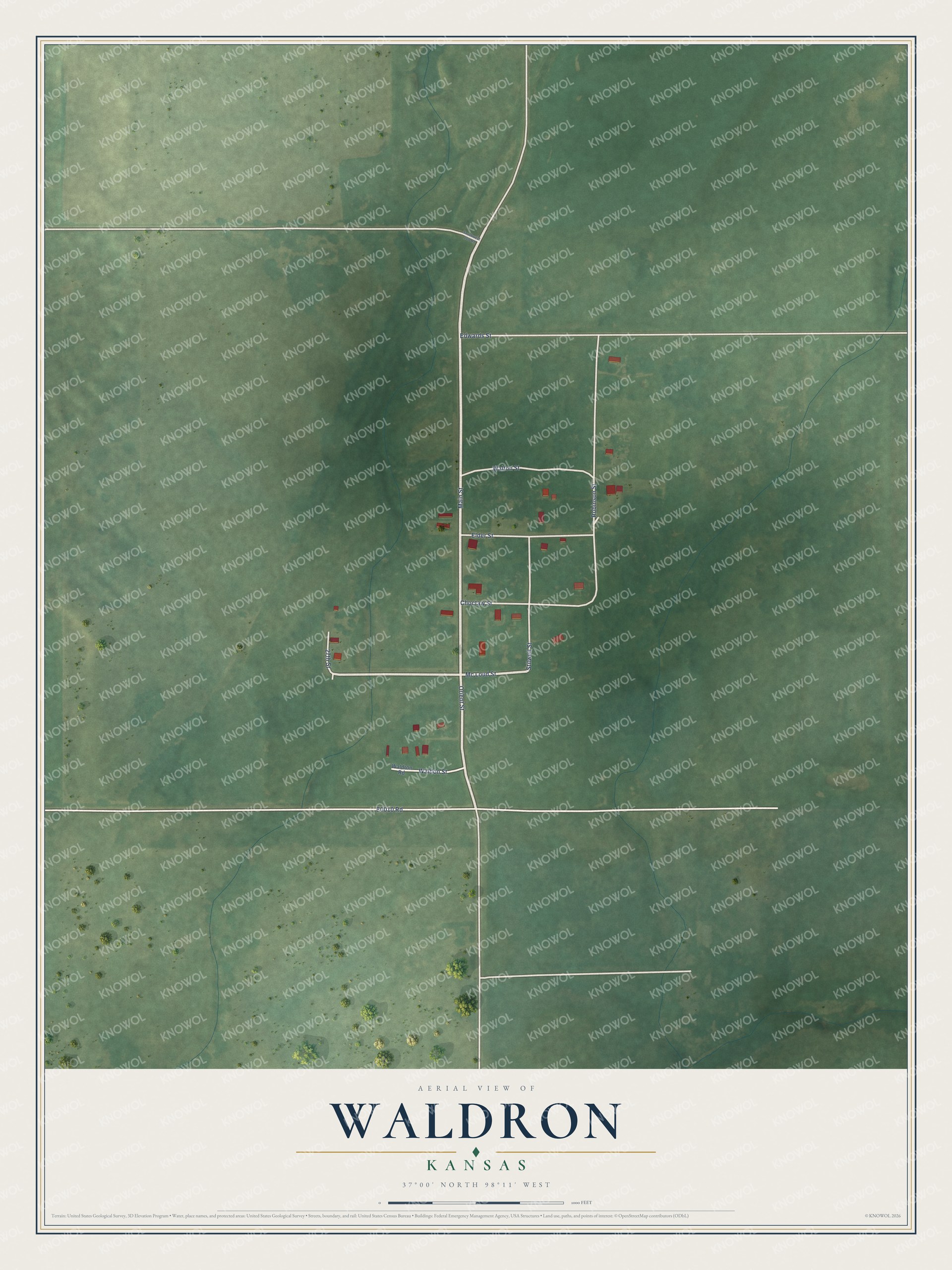 Full map of Waldron, Kansas, with red buildings, printed street names and the land around them