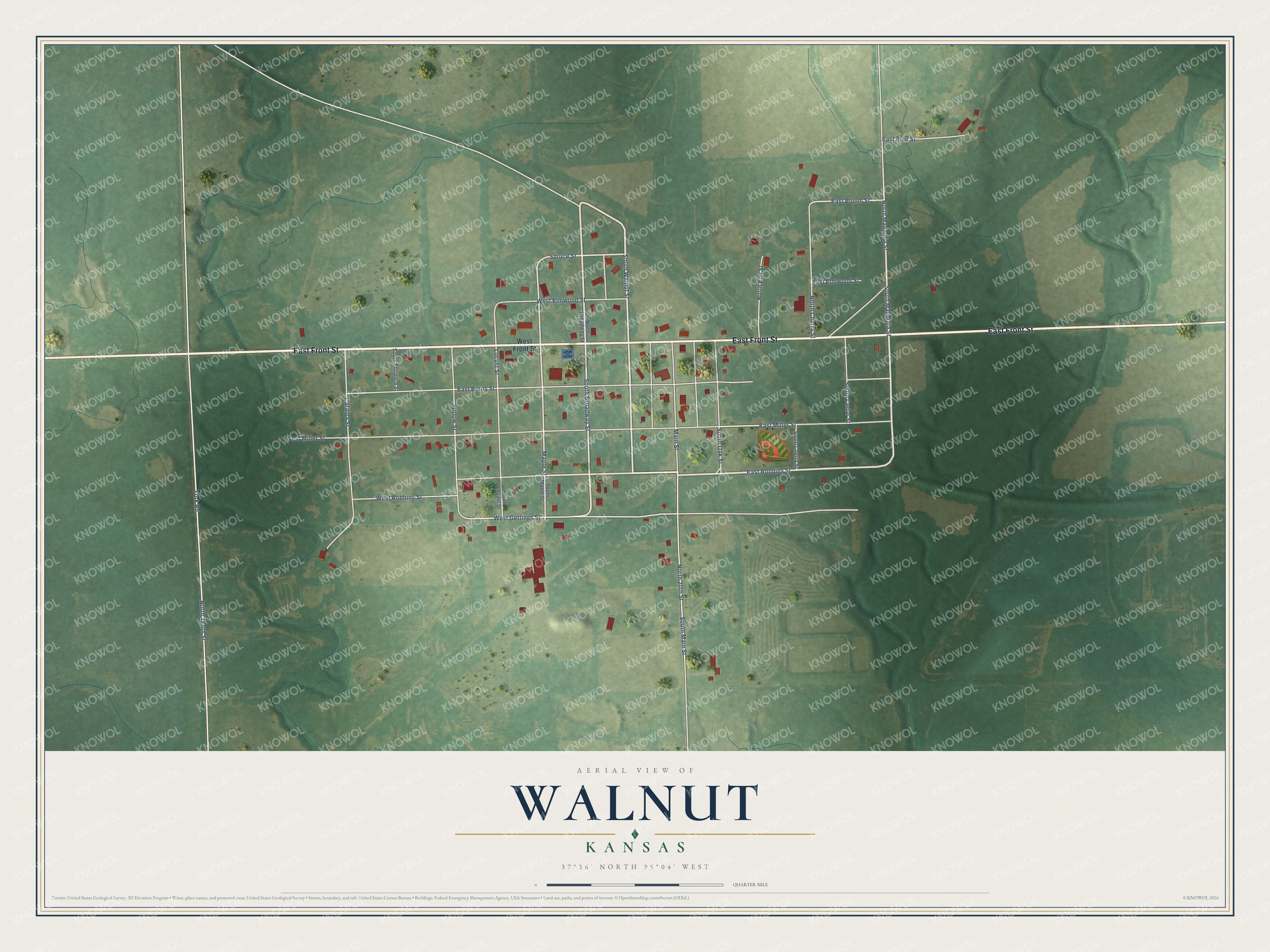 Full map of Walnut, Kansas, with red buildings, printed street names and the land around them