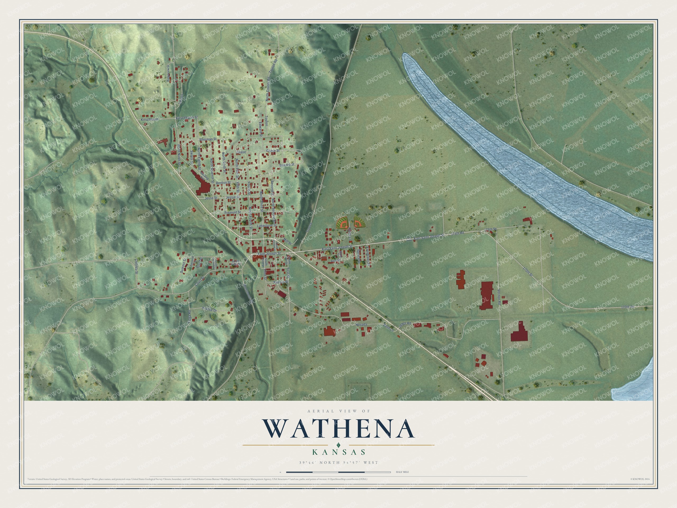Full map of Wathena, Kansas, with red buildings, printed street names and the land around them