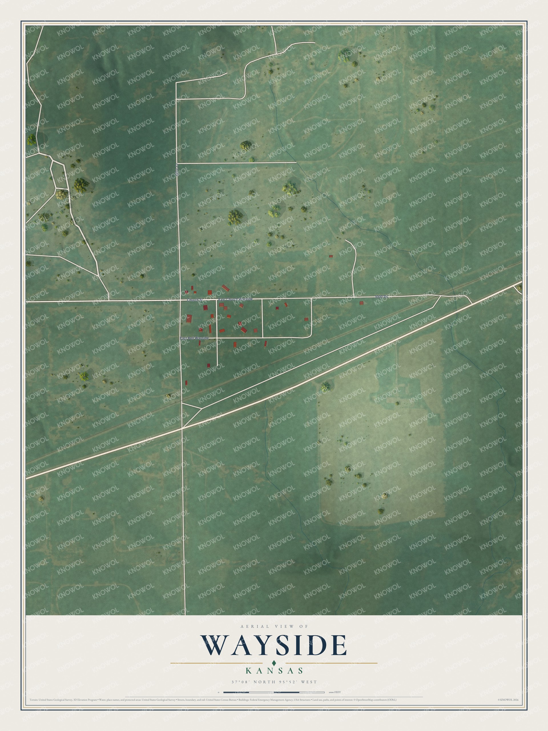 Full map of Wayside, Kansas, with red buildings, printed street names and the land around them