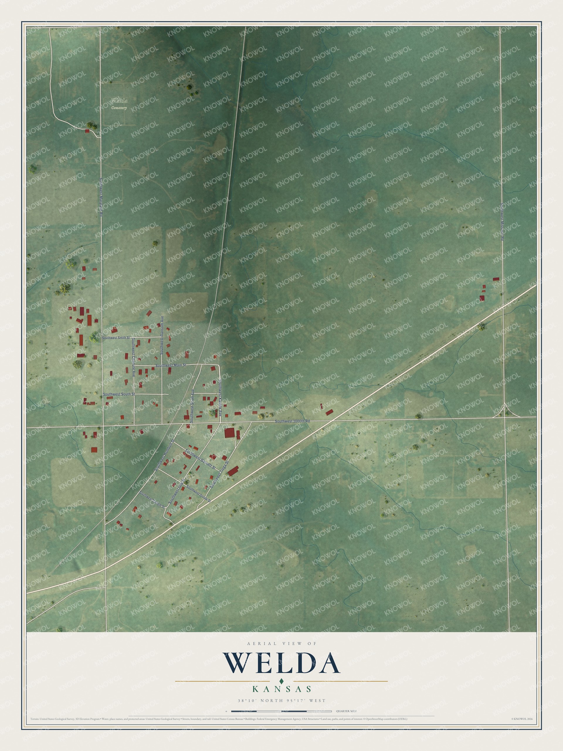 Full map of Welda, Kansas, with red buildings, printed street names and the land around them